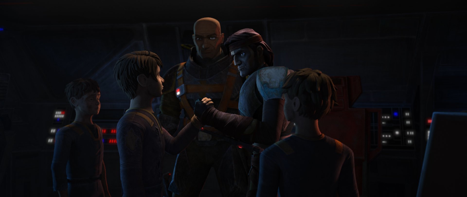 HD wallpaper featuring a scene from the TV show Star Wars: The Bad Batch with animated characters in a dimly lit setting having a discussion.