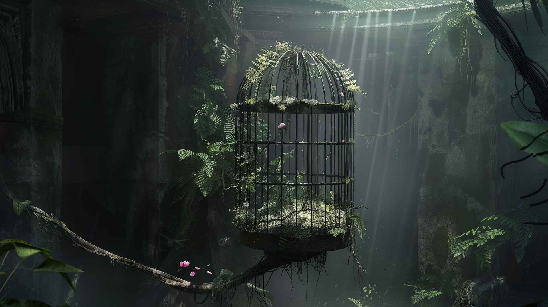 HD wallpaper of an empty birdcage amidst a mystical forest backdrop with sunbeams filtering through.