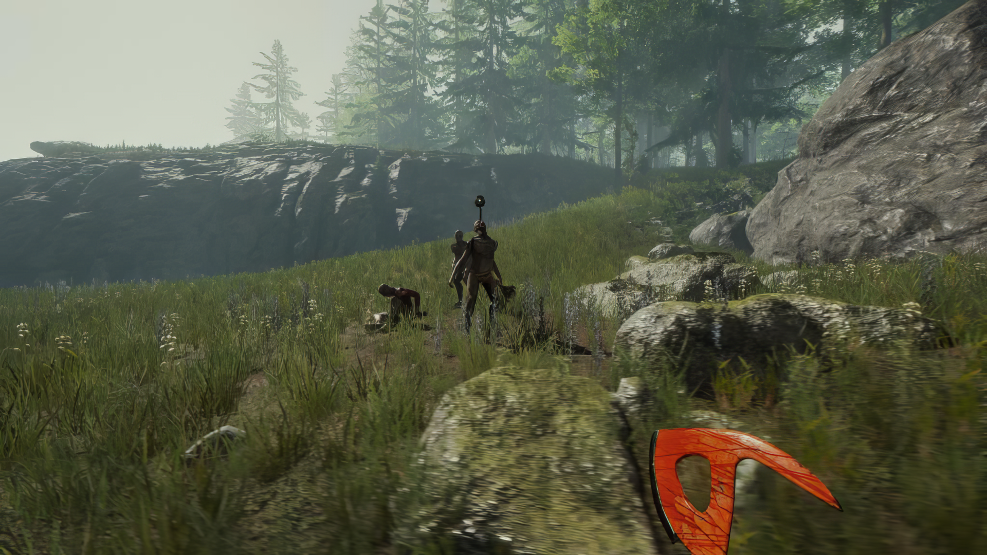 Sons of the Forest video game scene with character and dog in a forest setting for HD desktop wallpaper.