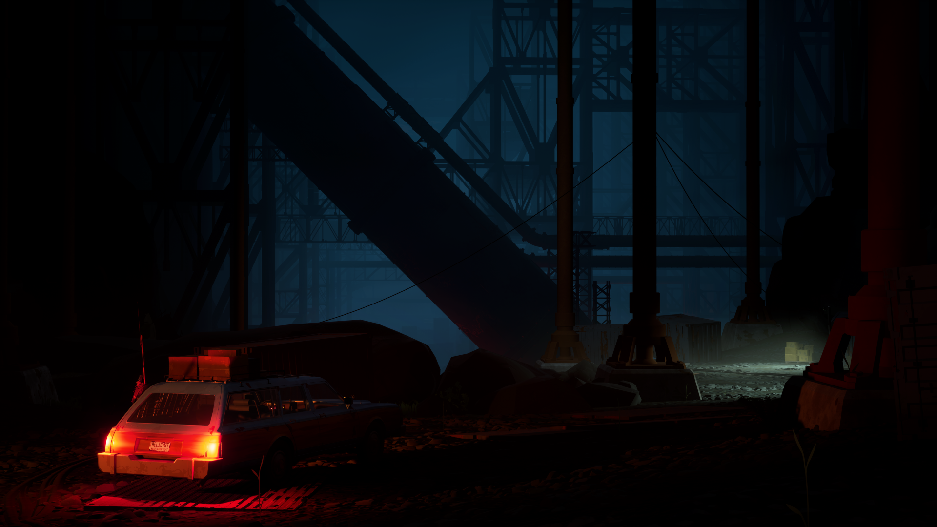 HD desktop wallpaper featuring a scene from the video game Pacific Drive with a car under shadowy, industrial structures at night.