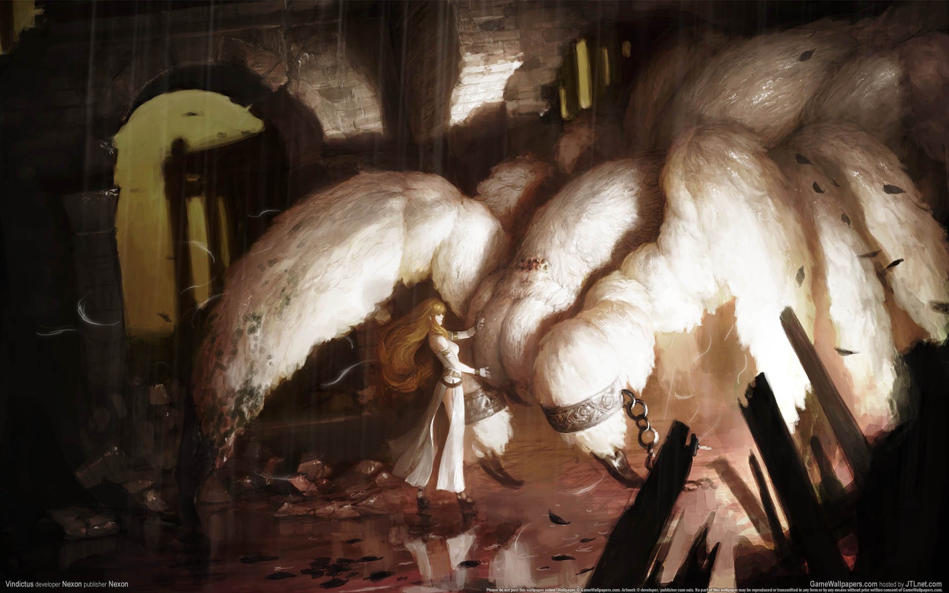 HD PC desktop wallpaper from the video game Vindictus: a lone figure faces a colossal pale multi‑limbed creature amid wreckage in a dim, cathedral‑like ruin.