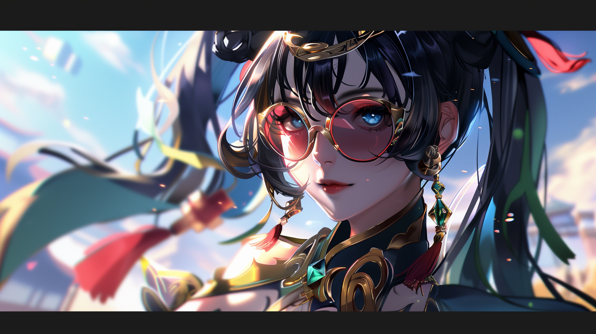 A vibrant HD wallpaper featuring Xianyun from Genshin Impact, showcasing her striking appearance with stylish sunglasses and intricate accessories against a dynamic background.