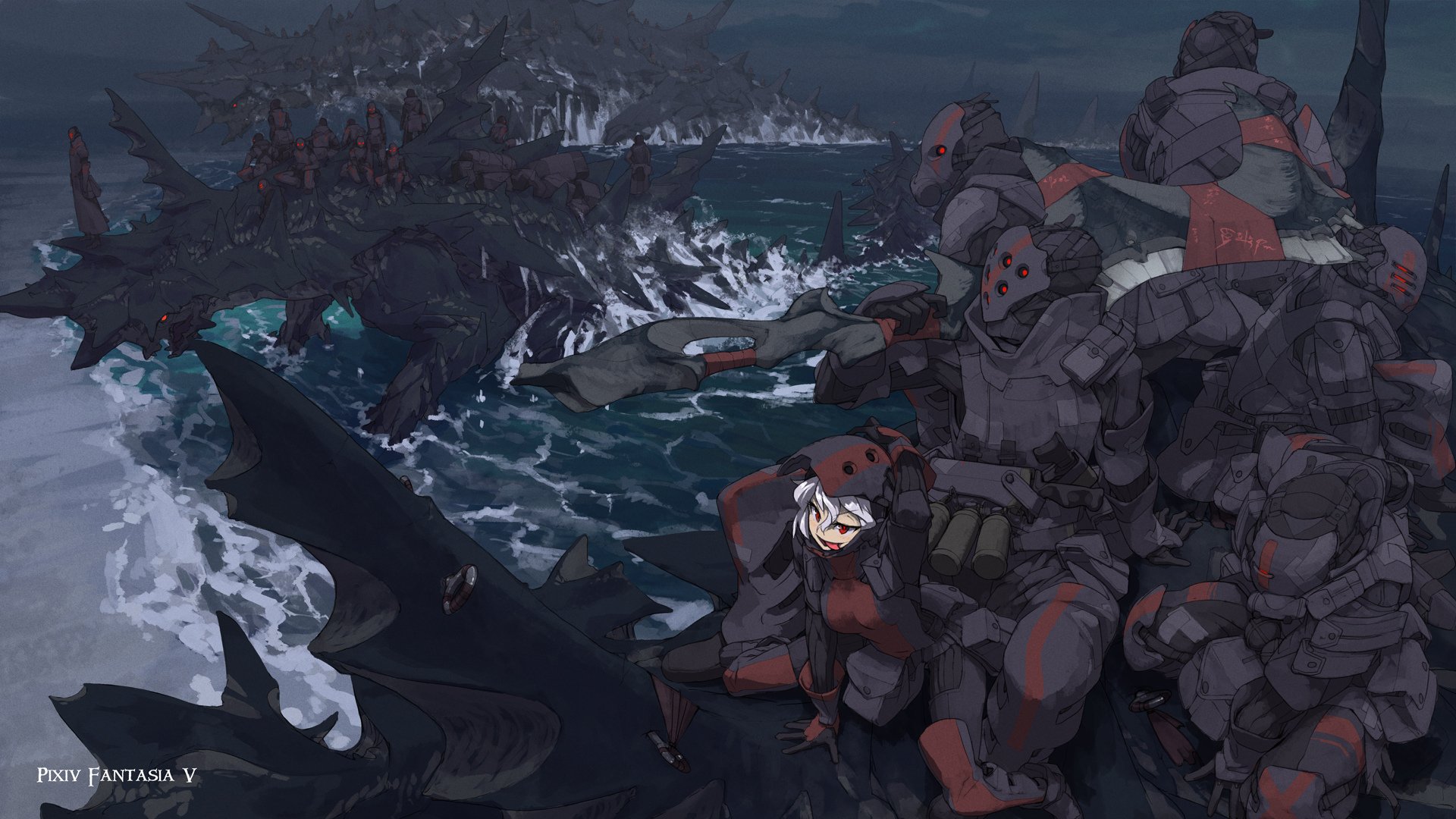 Anime-style HD PC desktop wallpaper from Pixiv Fantasia V featuring armored characters amidst dark, turbulent waters and large sea creatures under a stormy night sky.