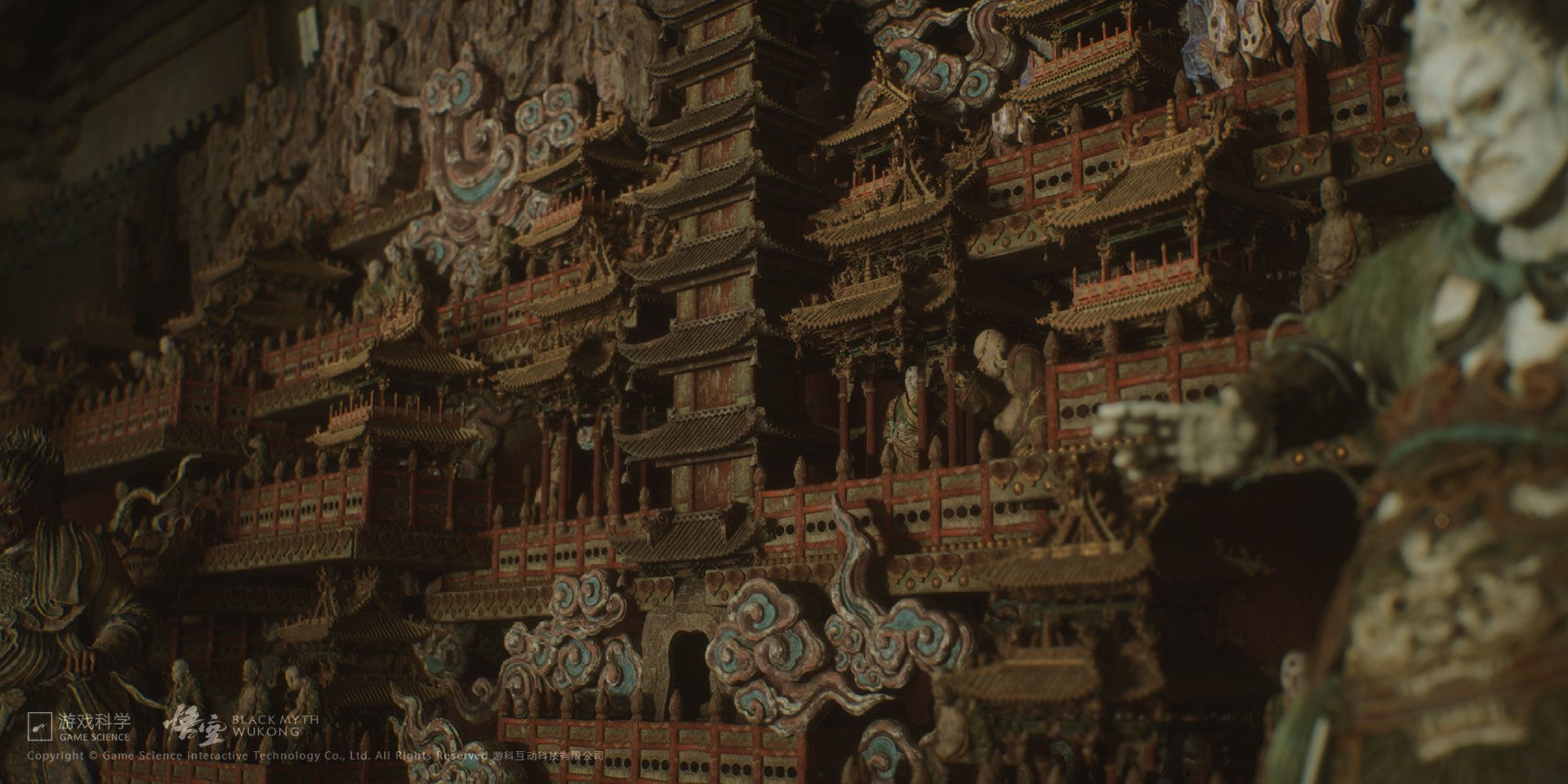 A captivating HD desktop wallpaper inspired by the video game Black Myth: Wukong, showcasing intricately detailed architectural elements and vibrant decorations.