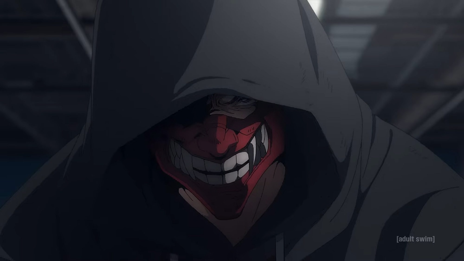 A striking HD wallpaper featuring a character from Anime Ninja Kamui, donning a hood and a menacing grin, set against a dimly lit background.
