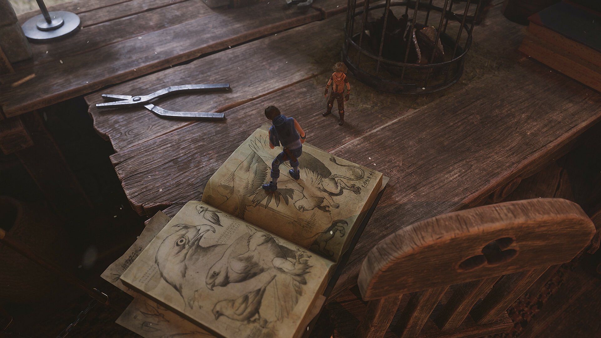 HD wallpaper depicting a scene from the Brothers: A Tale of Two Sons Remake video game with two characters standing on an open book in a rustic interior setting.