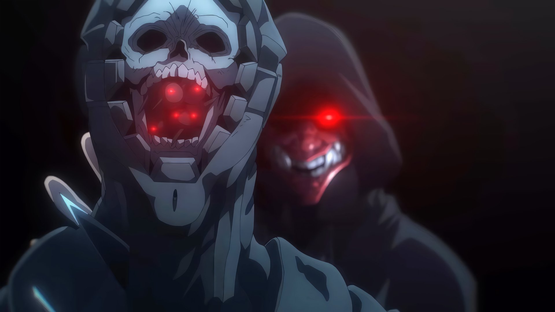 A dramatic anime scene from Ninja Kamui, featuring two ominous figures with glowing red eyes and skull motifs. This HD wallpaper brings intensity and intrigue to your desktop background.
