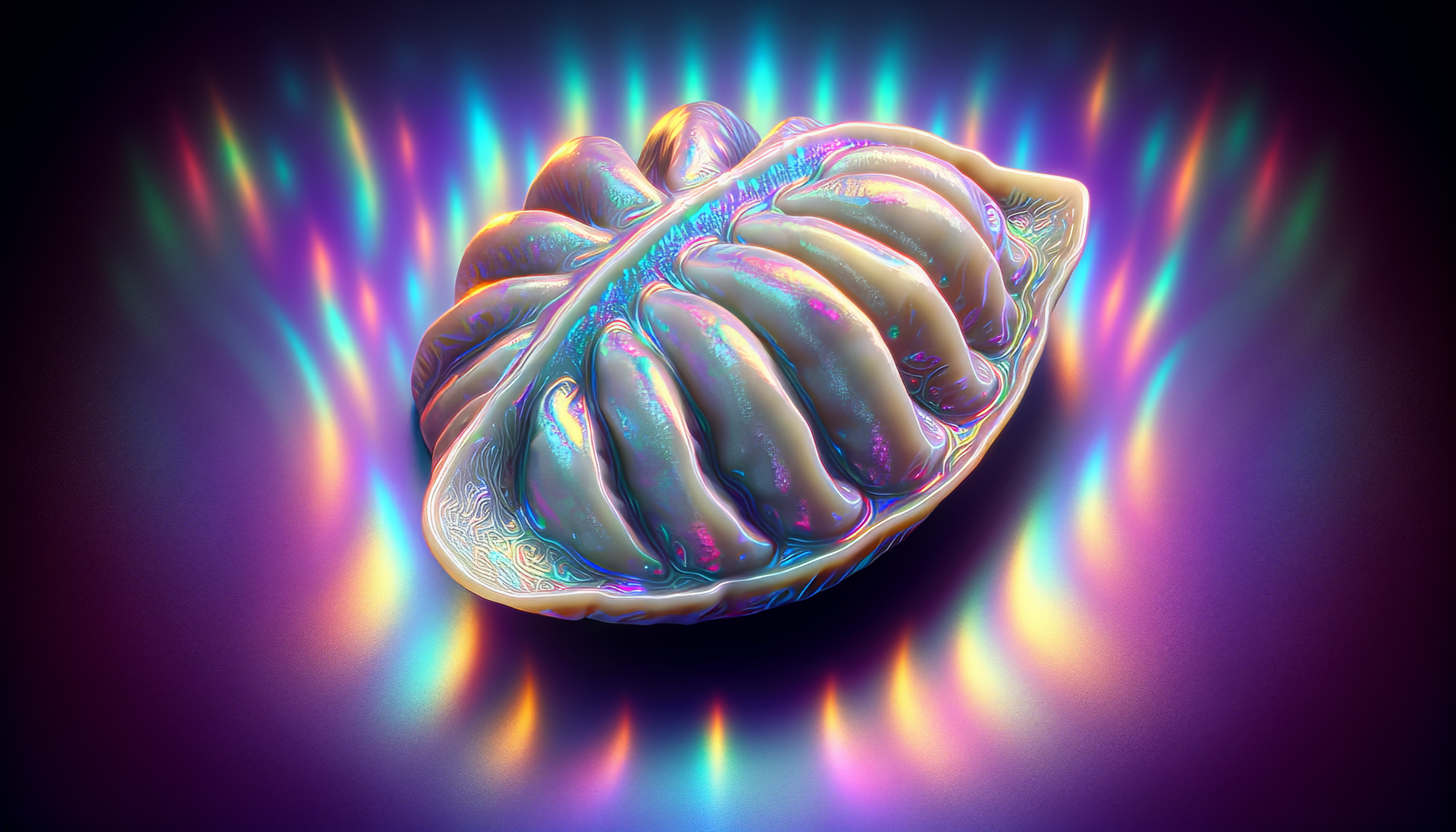 HD desktop wallpaper featuring a stylized, iridescent potsticker with a radiant, colorful aura in the background.