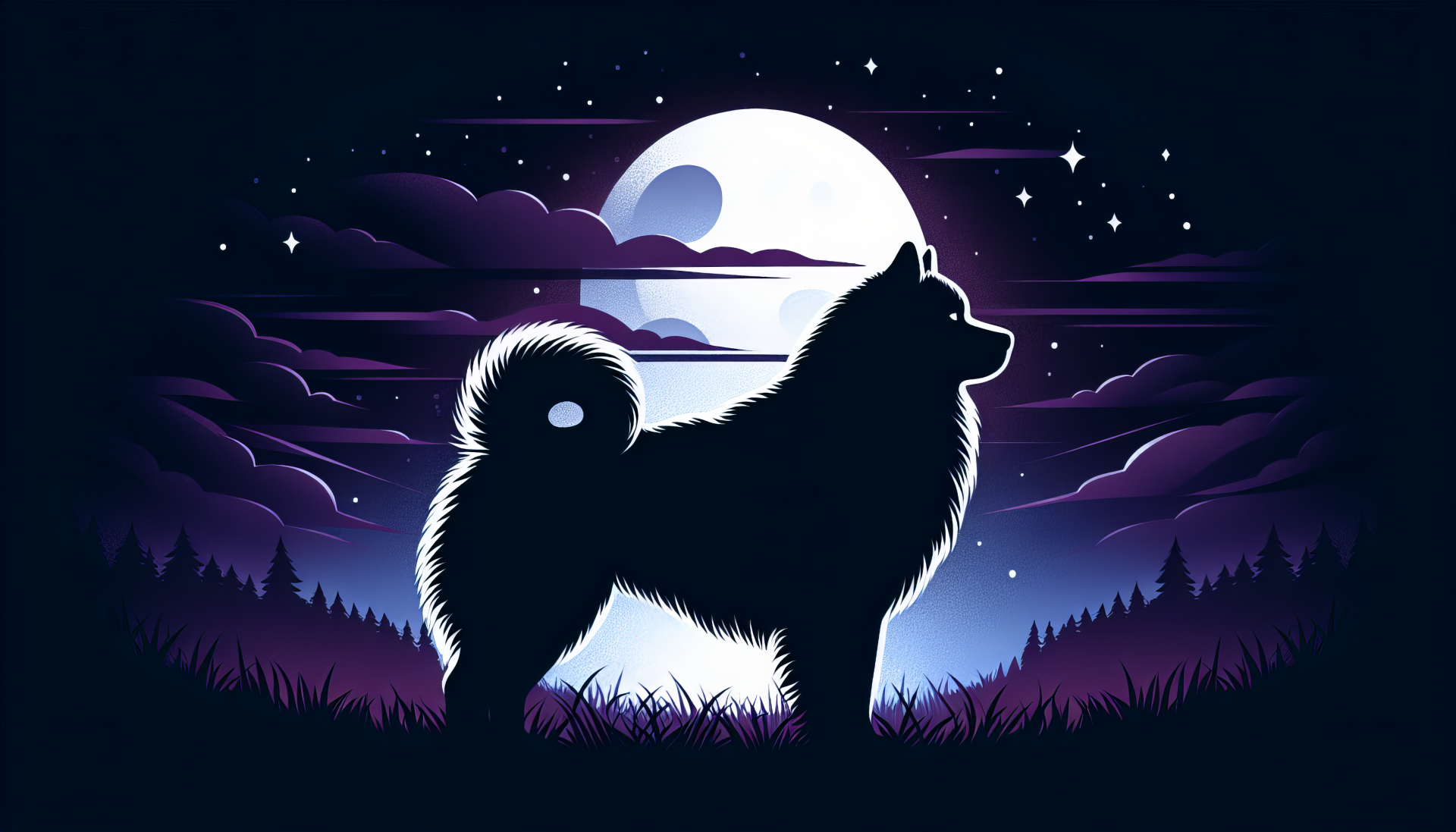 Majestic Alaskan Malamute silhouette against a moonlit night sky HD wallpaper for desktops.