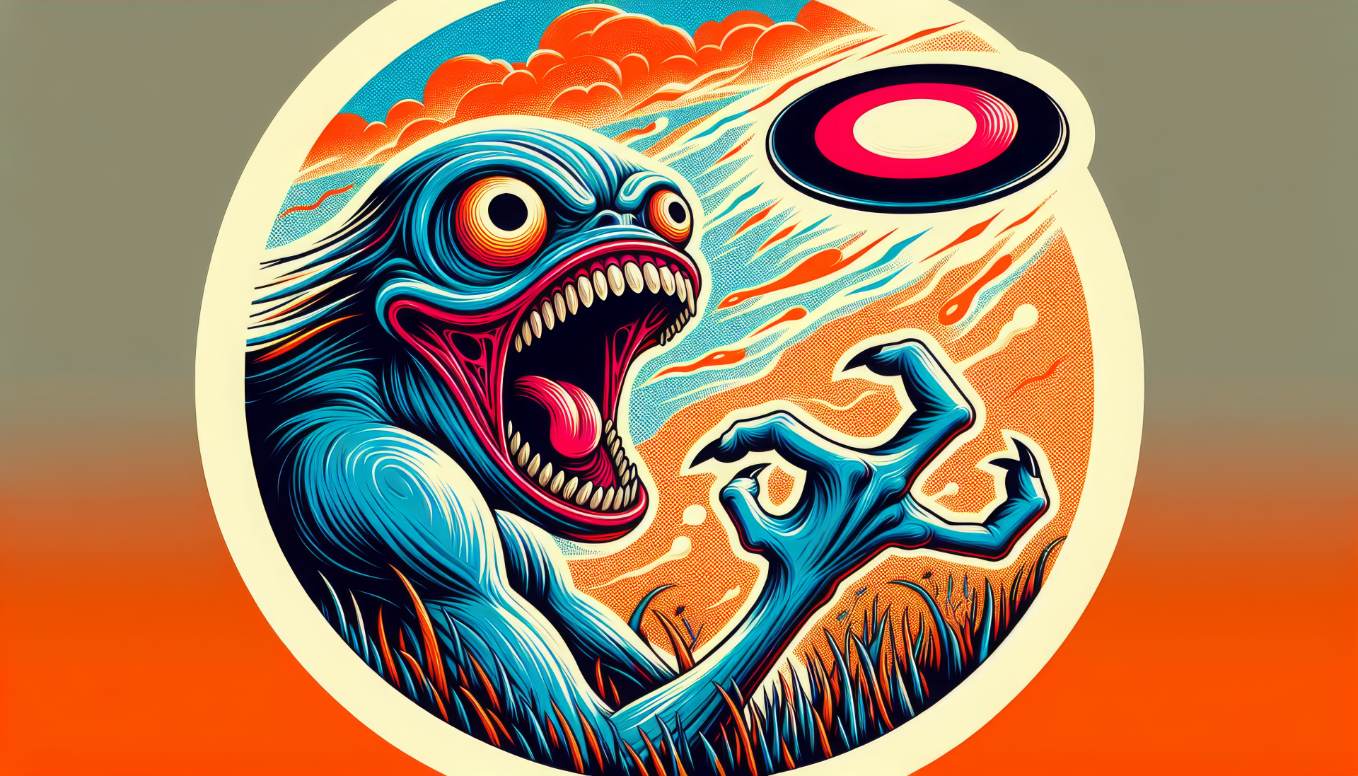 Stylized illustration of a creature catching a frisbee for HD desktop wallpaper.