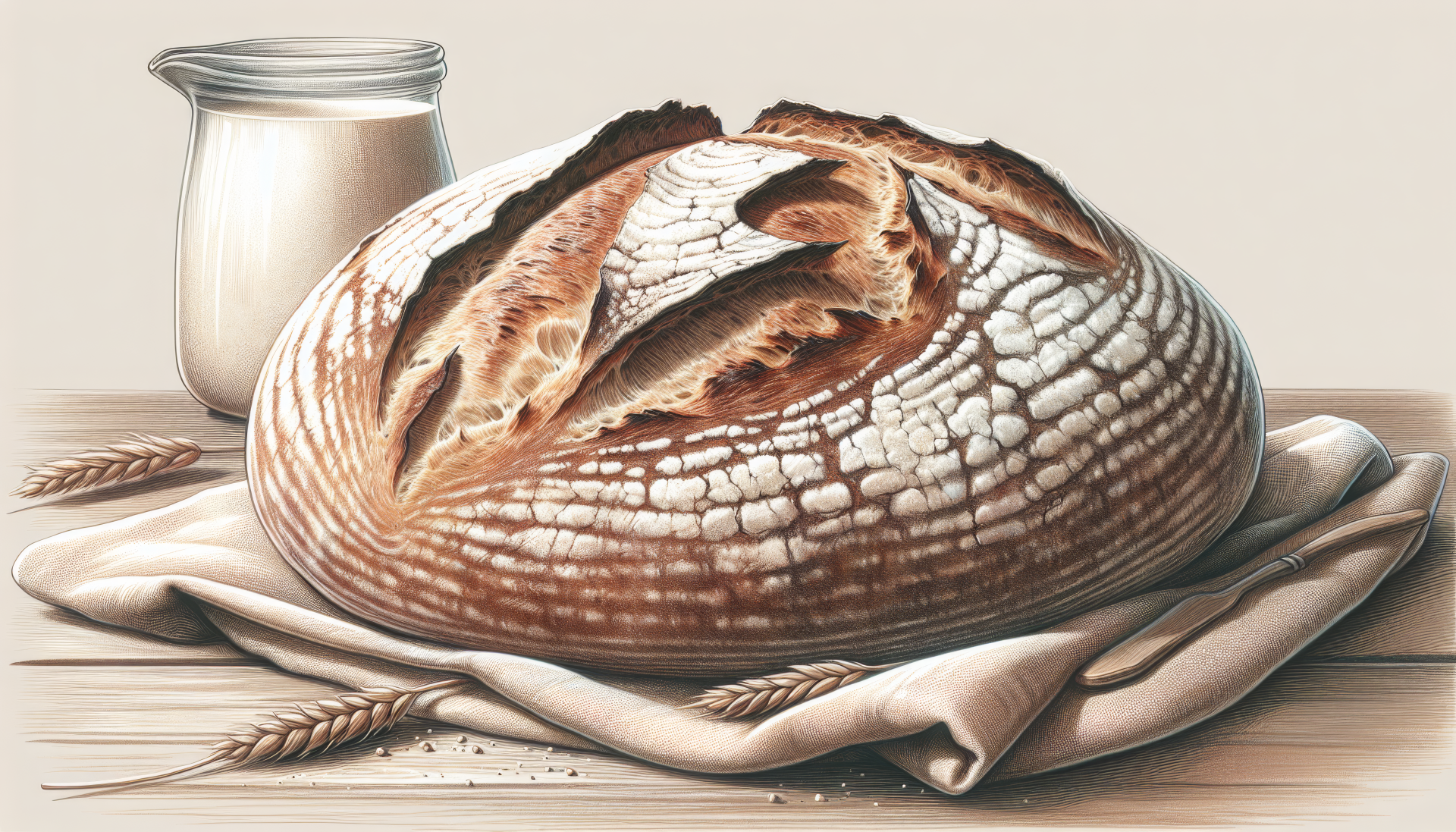 Freshly baked sourdough bread on a cloth with a jar of milk and wheat stalks in the background - HD Wallpaper