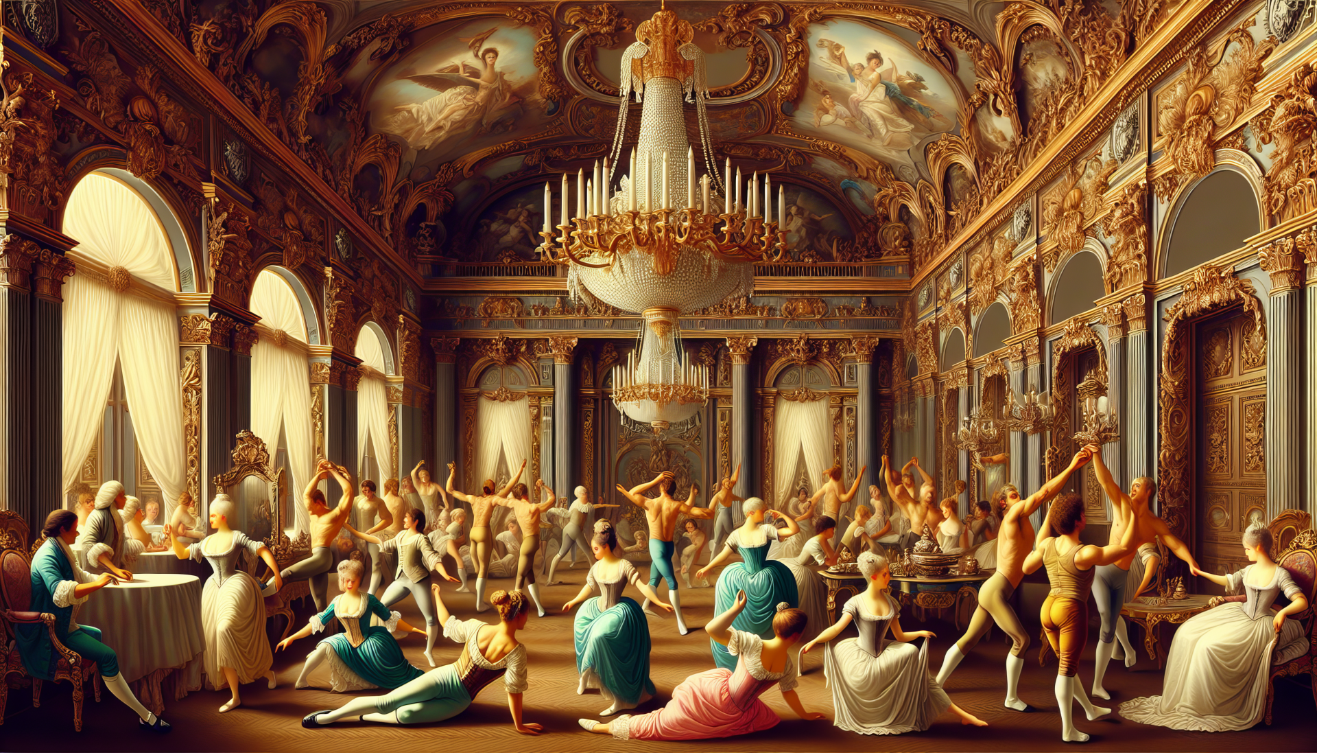 HD wallpaper of a lively ballet class in an opulent, classical dance hall with chandeliers and elegant decor.