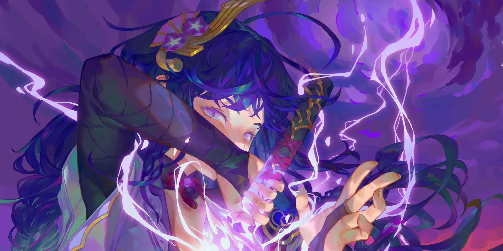 4K Ultra HD PC desktop wallpaper featuring Baal Raiden Shogun from Genshin Impact, surrounded by dynamic purple lightning and energy effects.