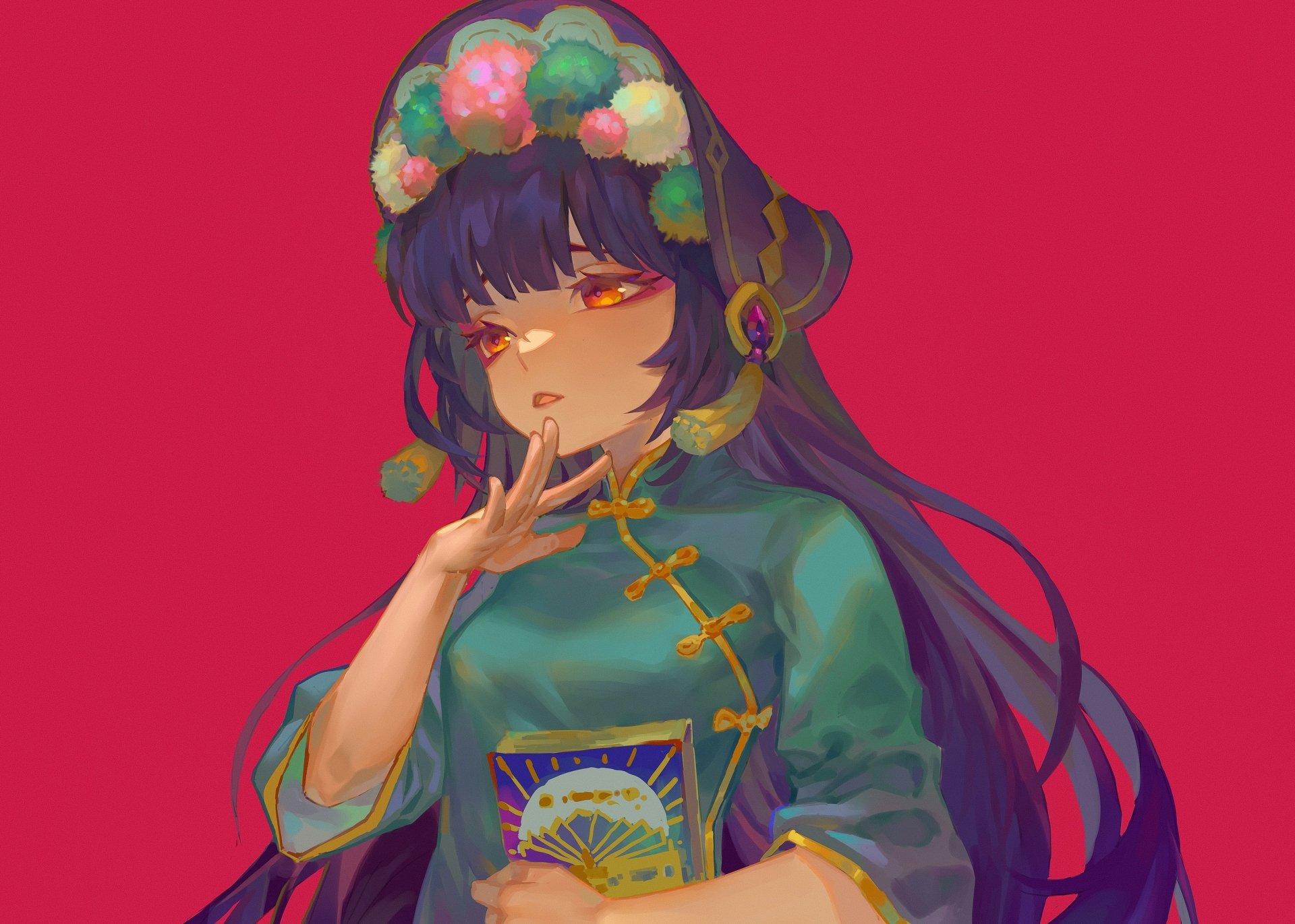 HD PC desktop wallpaper featuring Yun Jin from Genshin Impact, depicted with vibrant colors and intricate traditional attire against a bold red background.