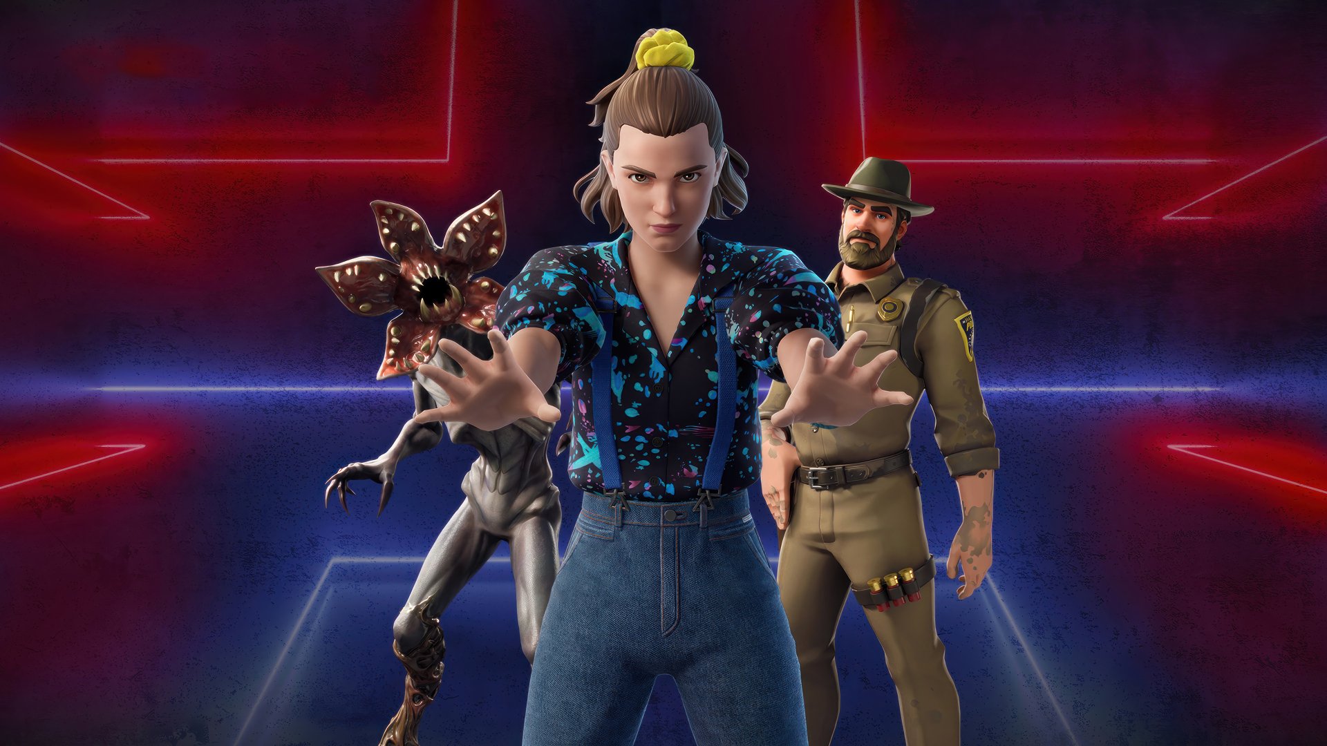 HD Fortnite wallpaper with in-game characters including a man with a tropical shirt and a sheriff, with a neon red backdrop.