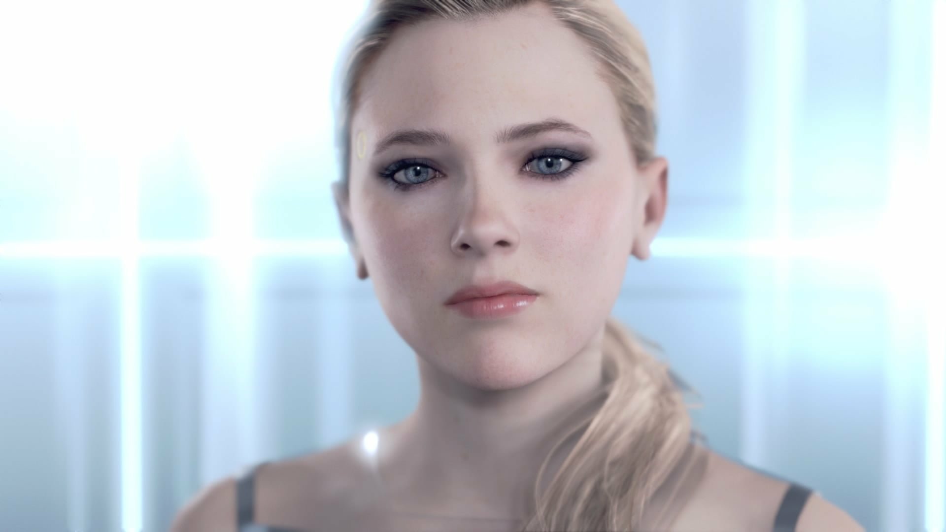 HD desktop wallpaper featuring a close-up of a female character from the video game Detroit: Become Human, set against a soft blue background with futuristic elements.