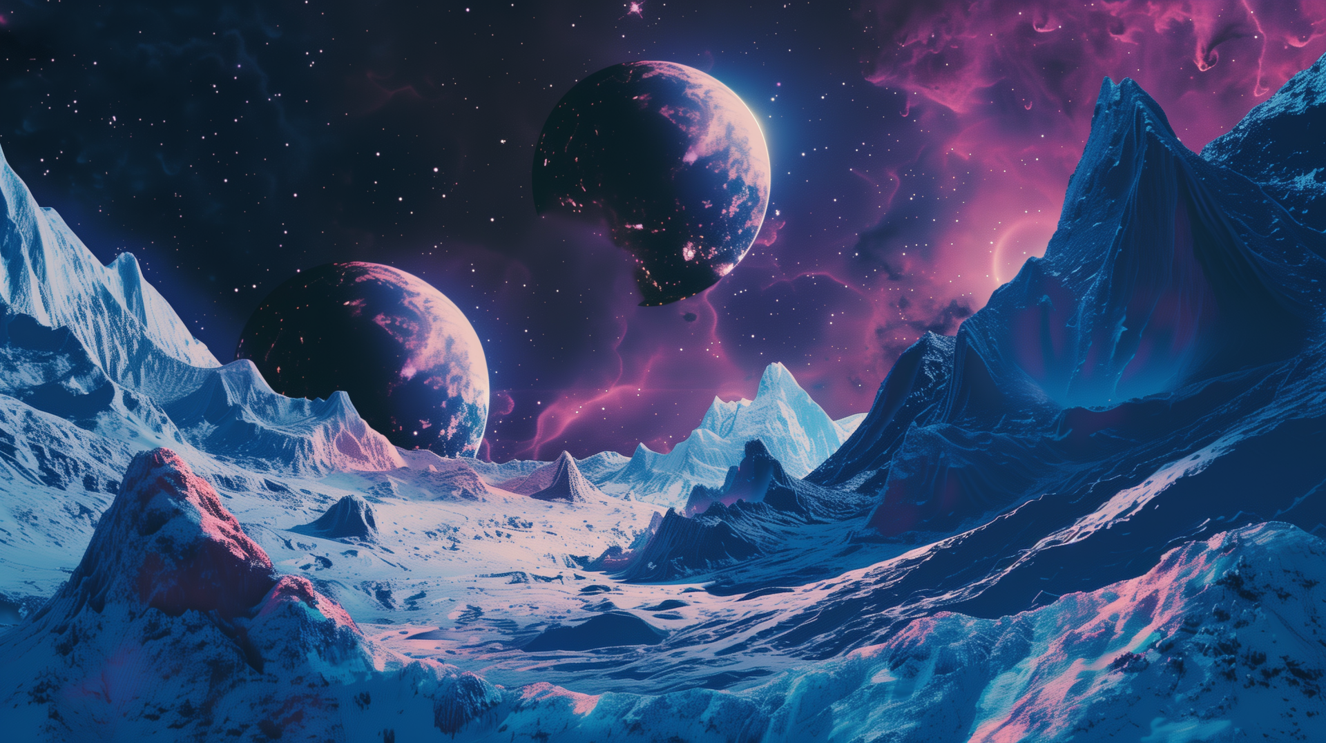 A stunning HD wallpaper featuring a vibrant galaxy over a desert planet, with majestic mountains and two planets illuminating the cosmic landscape.