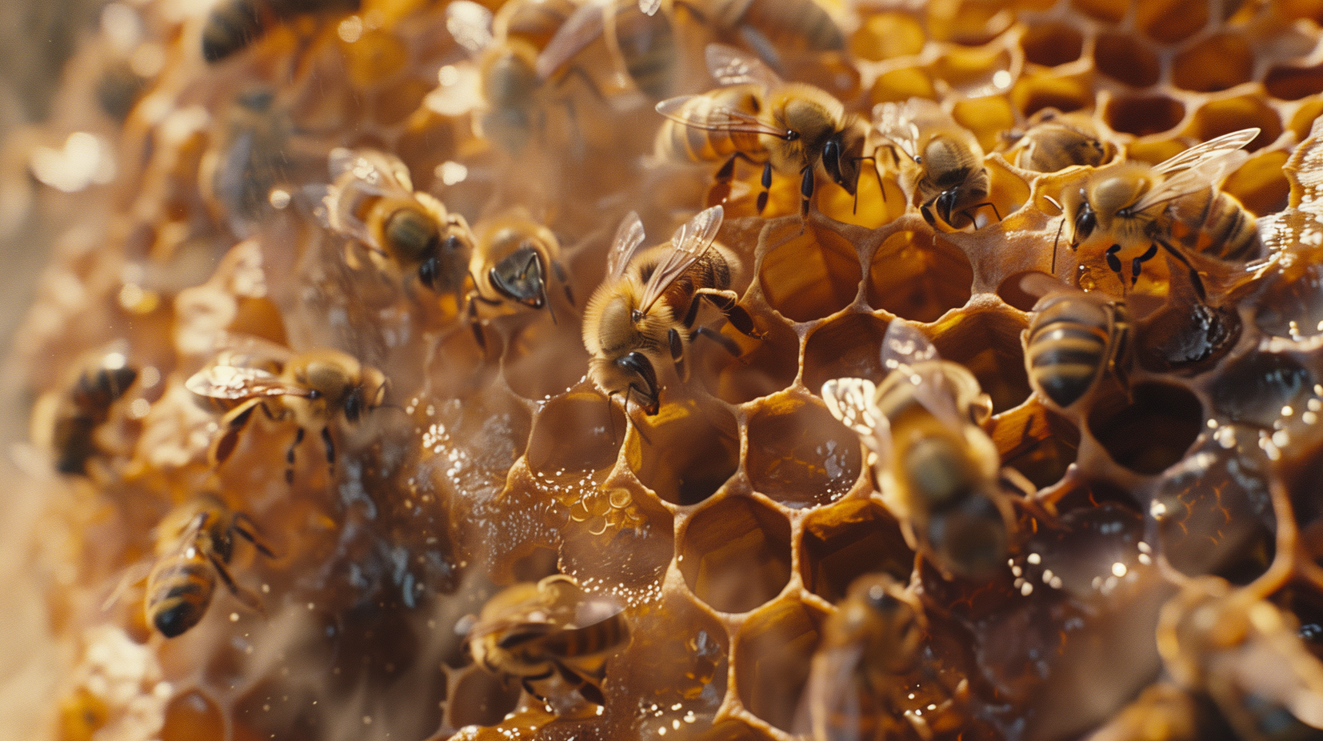 A close-up view of a beehive, showcasing busy bees working on honeycomb cells. This high-definition image serves as a striking desktop wallpaper and background.