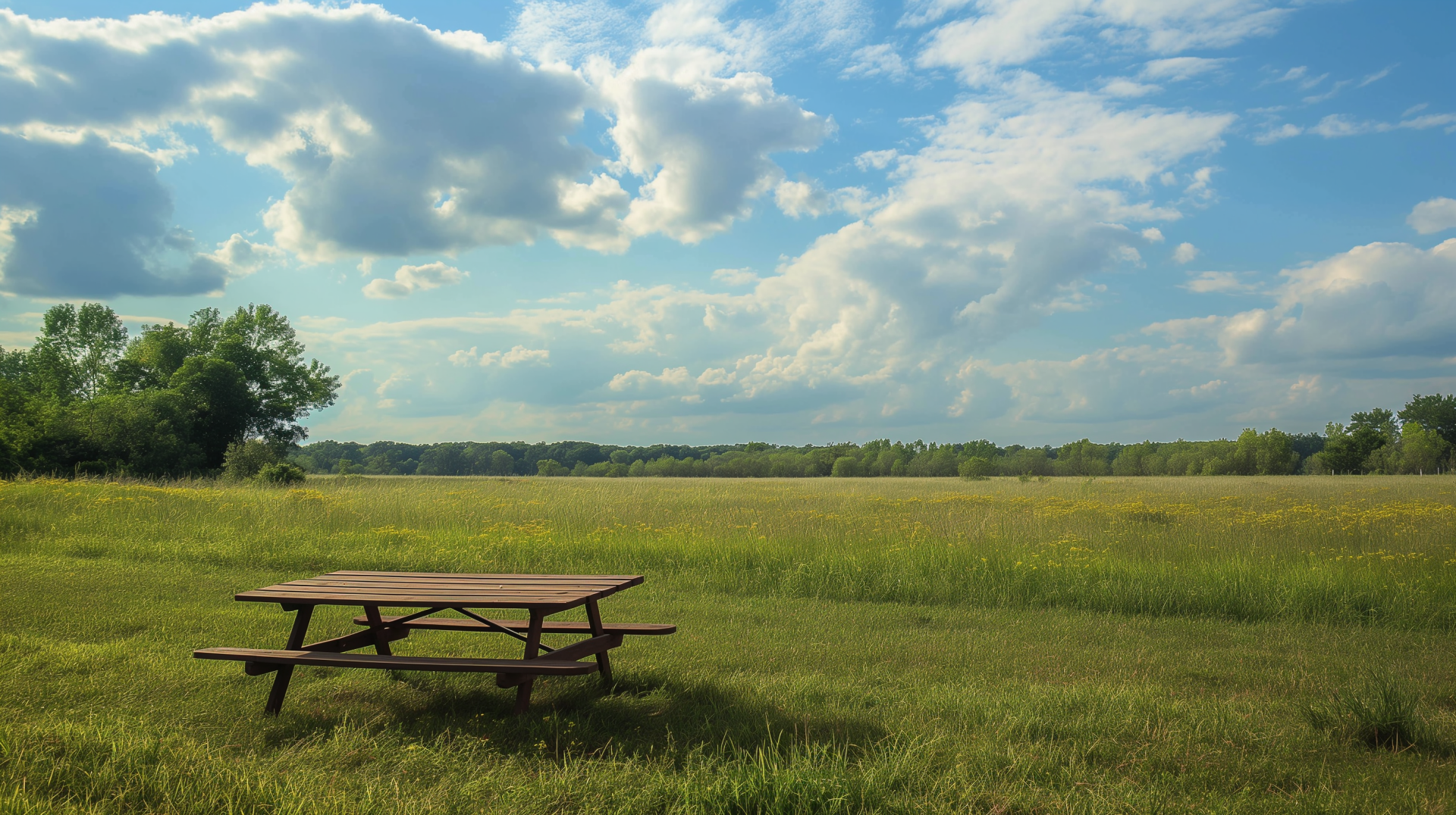 A tranquil picnic table sits in a vibrant green field under a blue sky, surrounded by fluffy clouds, creating a serene scene for this HD desktop wallpaper.