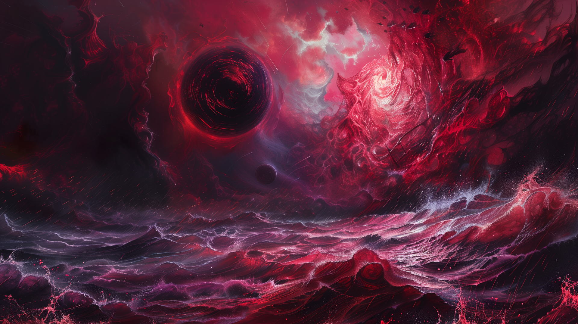 HD desktop wallpaper featuring a cosmic scene with red nebula and swirling galaxies in space