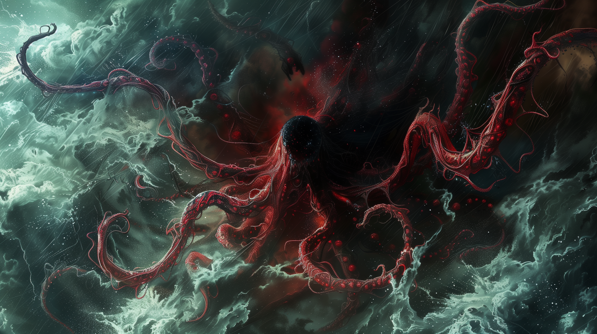 High-definition desktop wallpaper of a stylized red octopus with extended tentacles in a turbulent ocean setting, creating a mysterious and dramatic digital background.
