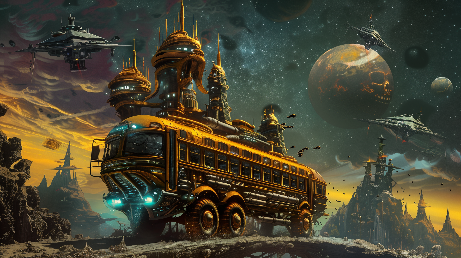 A futuristic school bus travels through a vibrant space landscape, surrounded by alien structures and spacecraft, creating an imaginative and intriguing scene for a desktop wallpaper.