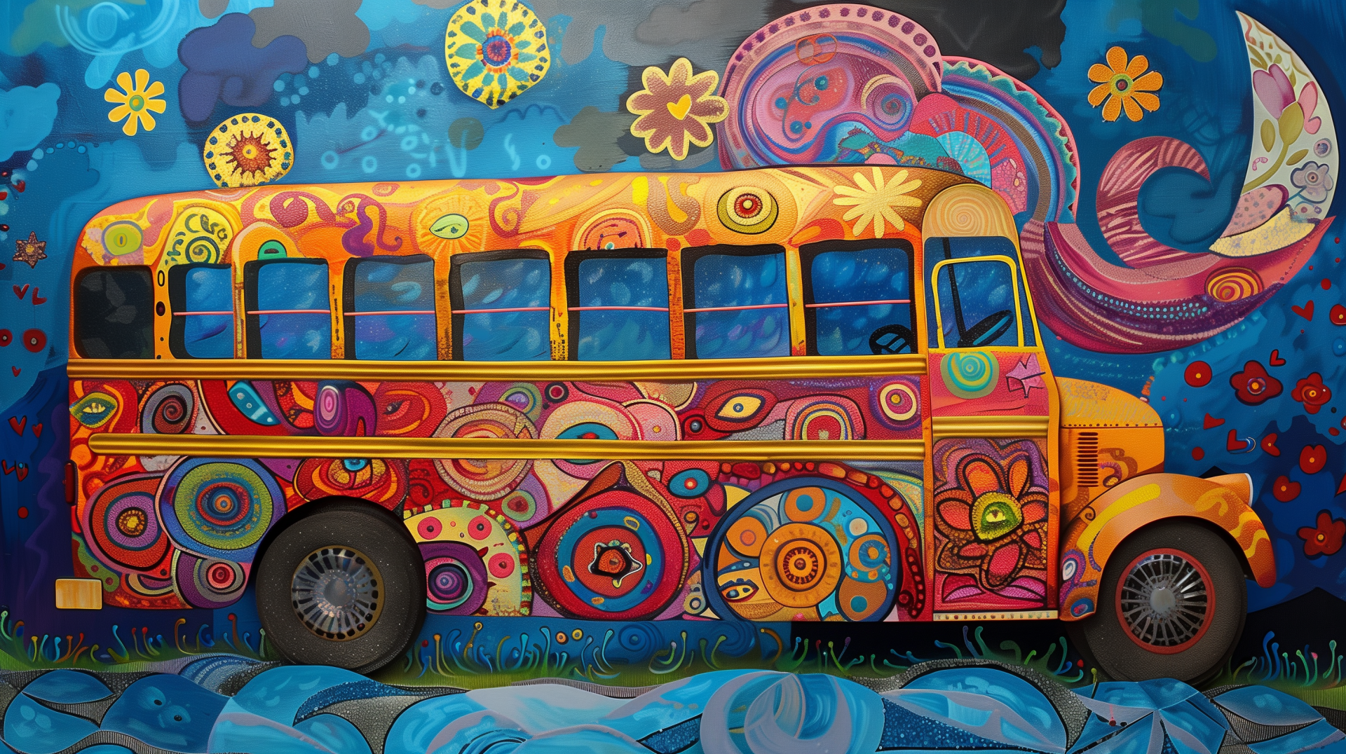 HD desktop wallpaper featuring a colorful, artistic school bus with psychedelic patterns on a vibrant background.