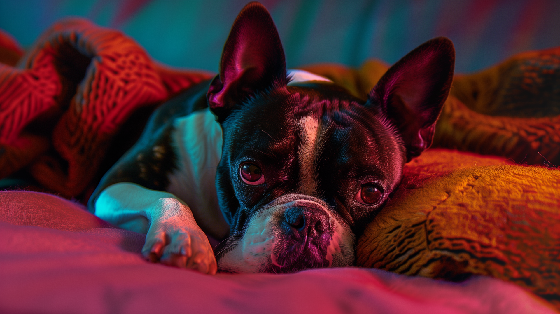 HD wallpaper featuring a Boston Terrier resting on colorful bedding, creating a vibrant backdrop for a desktop.