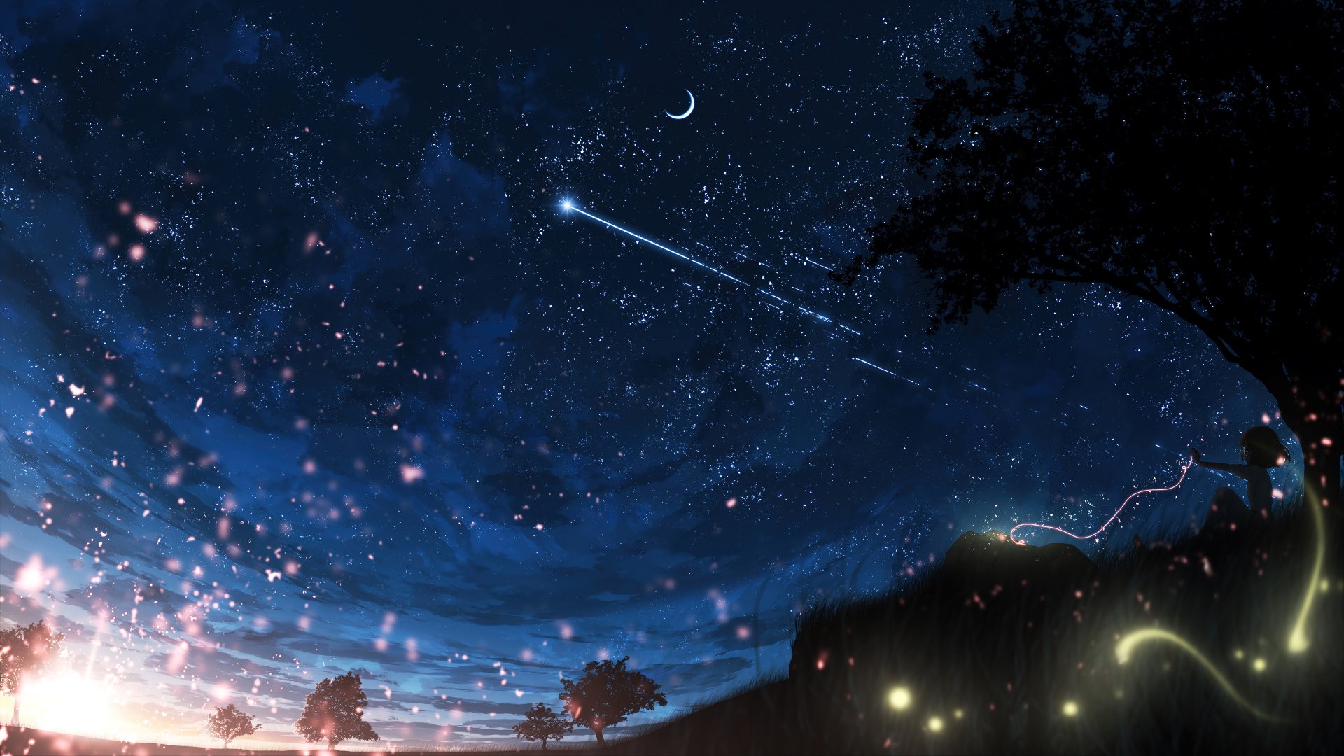 Digital 4K Ultra HD anime landscape featuring a starry night sky with a crescent moon, shooting star, and glowing fireflies at sunset.