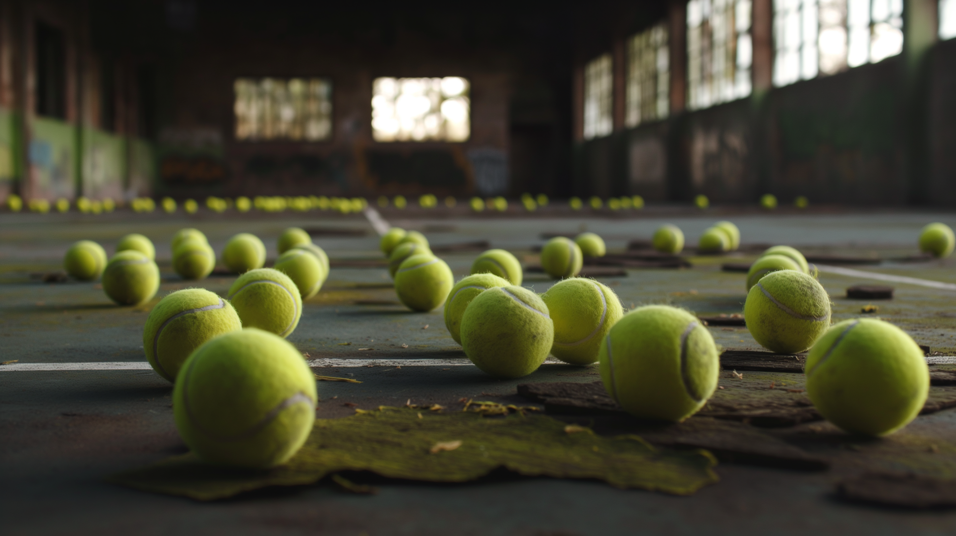 HD wallpaper of scattered tennis balls in an abandoned, dimly-lit building, creating a moody background.
