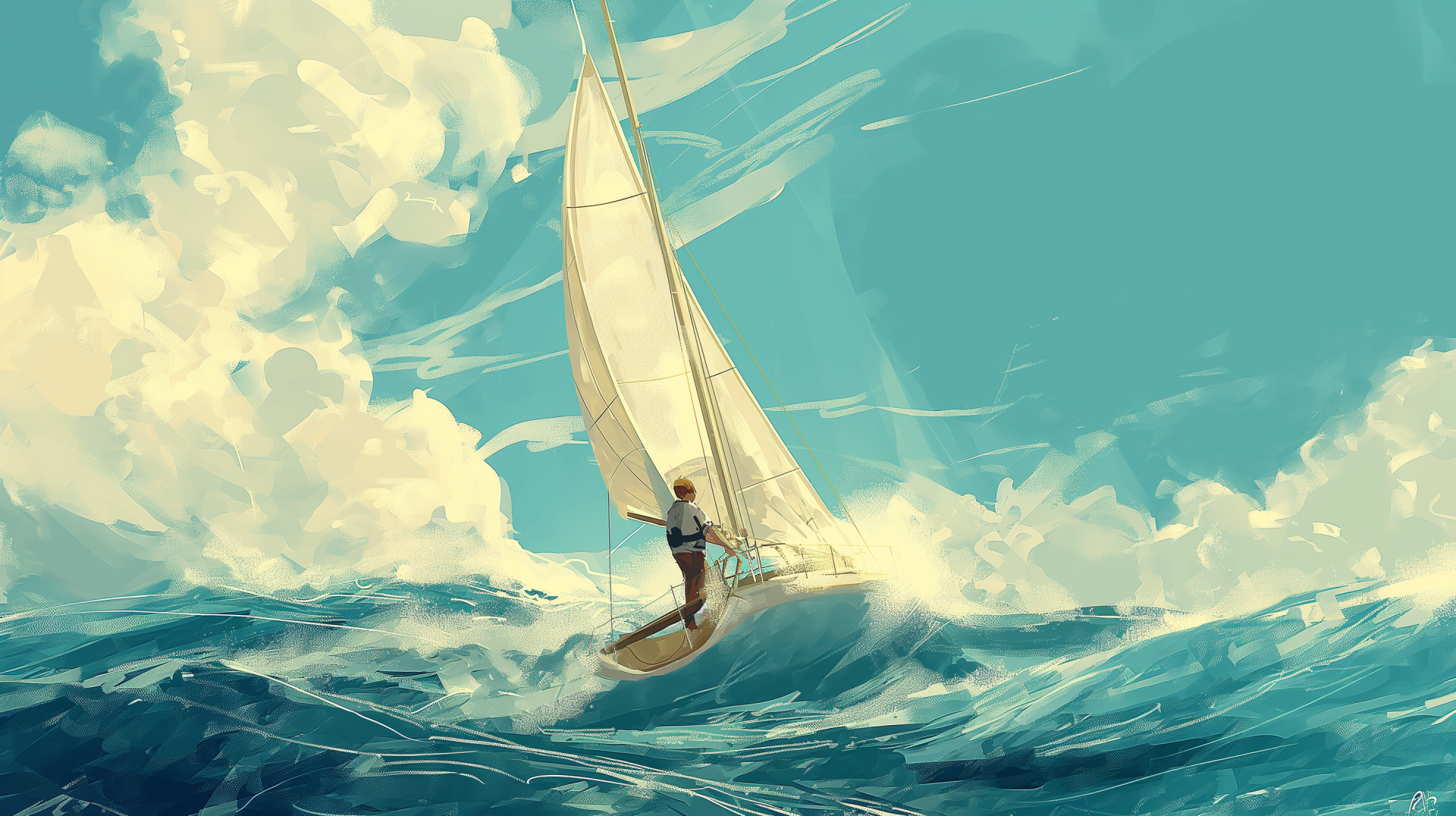 HD wallpaper of a sailor navigating a boat on the ocean with sails billowing against a backdrop of blue skies and dynamic waves.