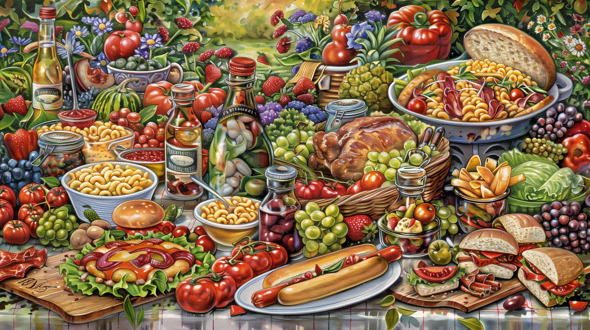 HD desktop wallpaper featuring a bountiful feast with macaroni and cheese, a hot dog, a turkey sandwich, and fresh tomatoes among a variety of colorful foods.