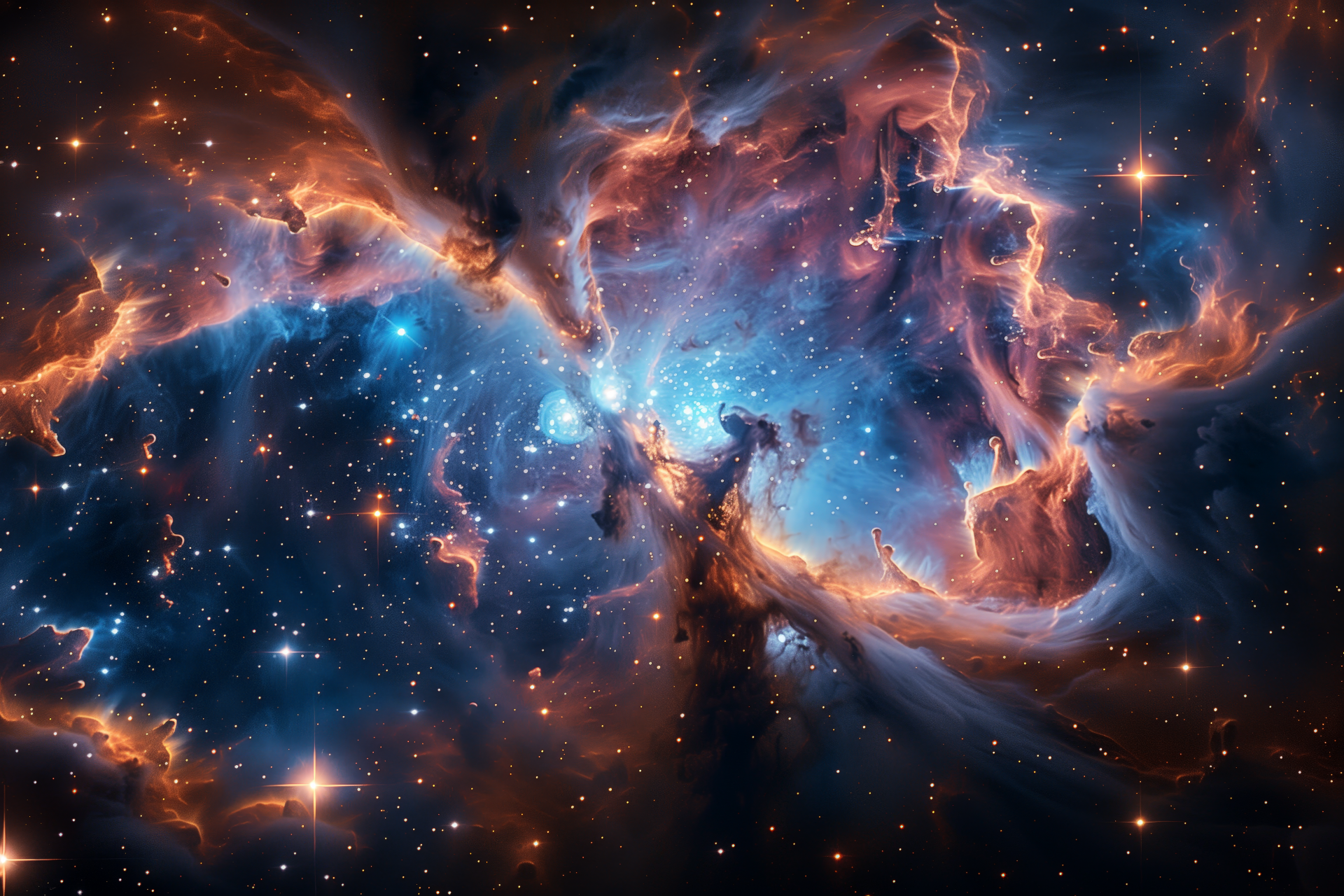 Vivid 4K Ultra HD sci-fi desktop wallpaper featuring a colorful cosmic nebula in deep space, blending swirling orange and blue hues across the universe.