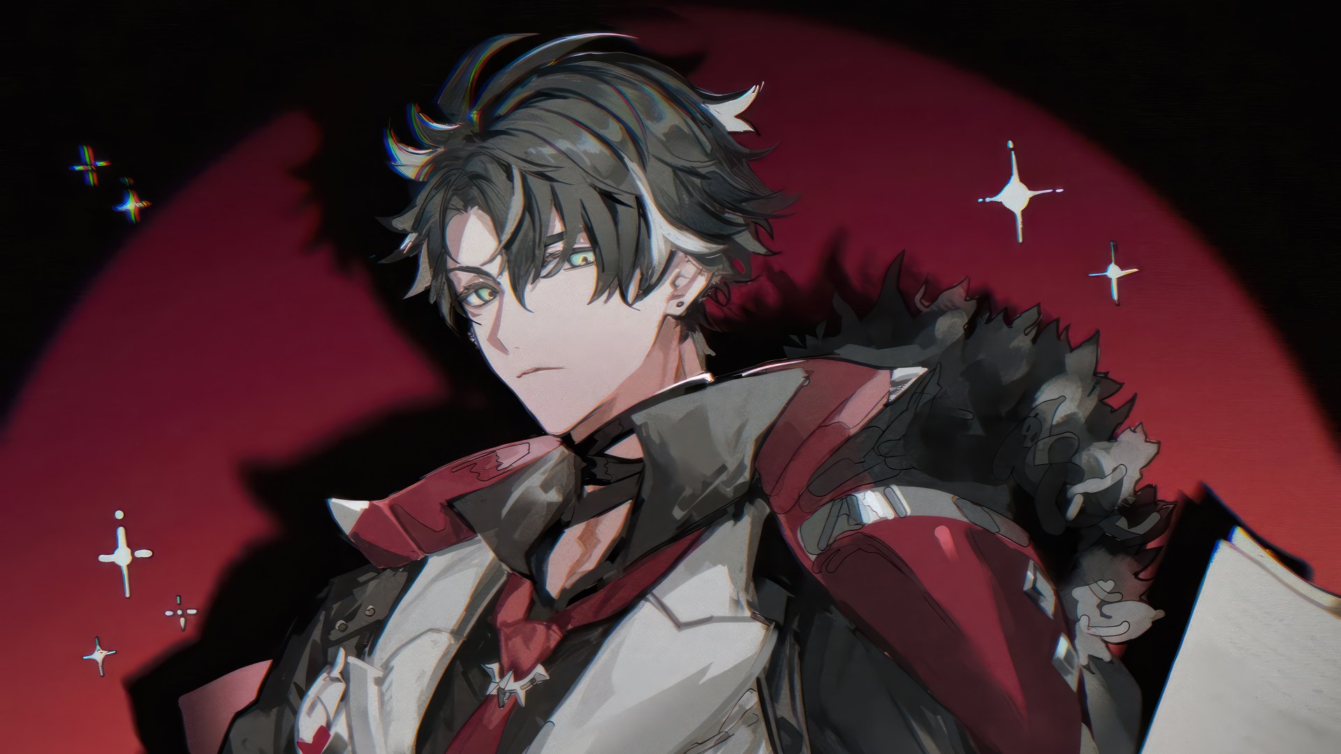 Genshin Impact Wriothesley character wallpaper with a red moon backdrop and sparkling stars.