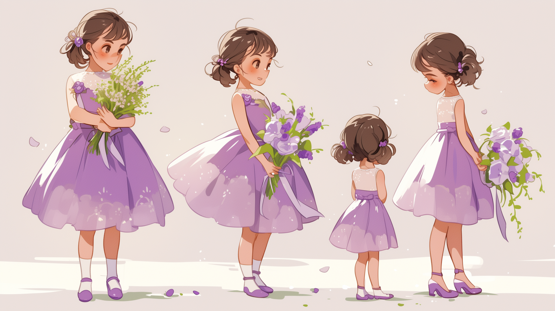 A charming HD wallpaper showcasing a young girl in a beautiful purple dress, depicted in four soft, playful poses, each holding flowers against a light background.