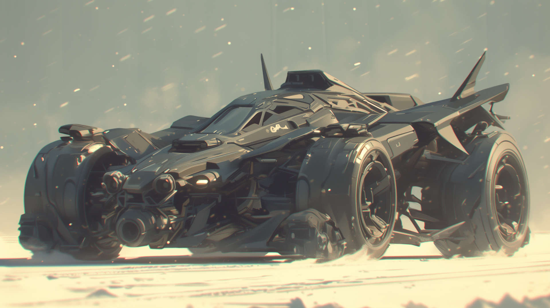 A striking HD desktop wallpaper featuring the iconic Batmobile, showcased in a snowy landscape, highlighting its sleek design and powerful presence.