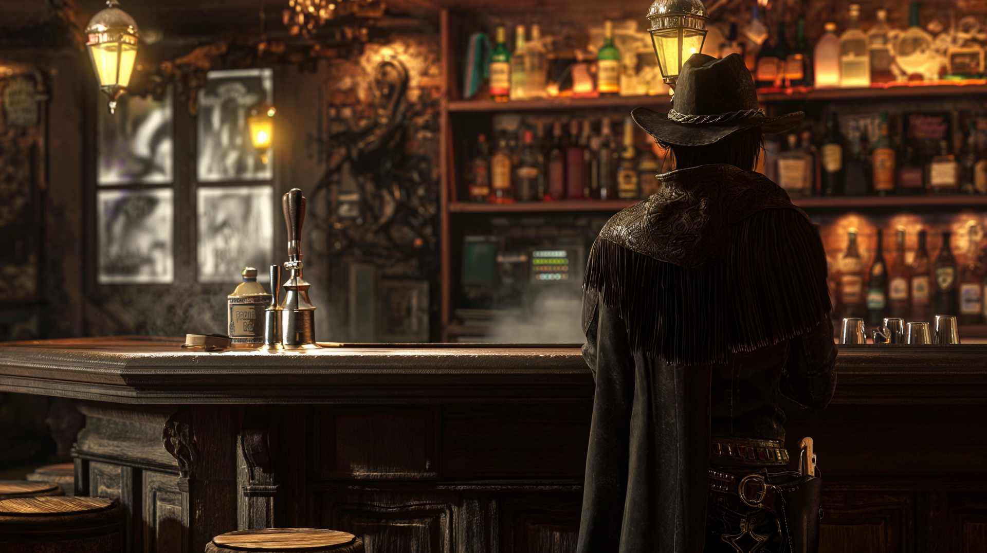 A sheriff standing in a dimly lit saloon, a perfect HD wallpaper embodying the Wild West theme.