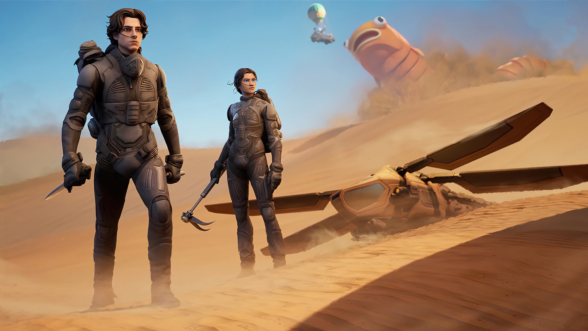 HD wallpaper featuring a Fortnite and Dune 2021 crossover with two characters standing in a desert landscape next to a downed ornithopter.