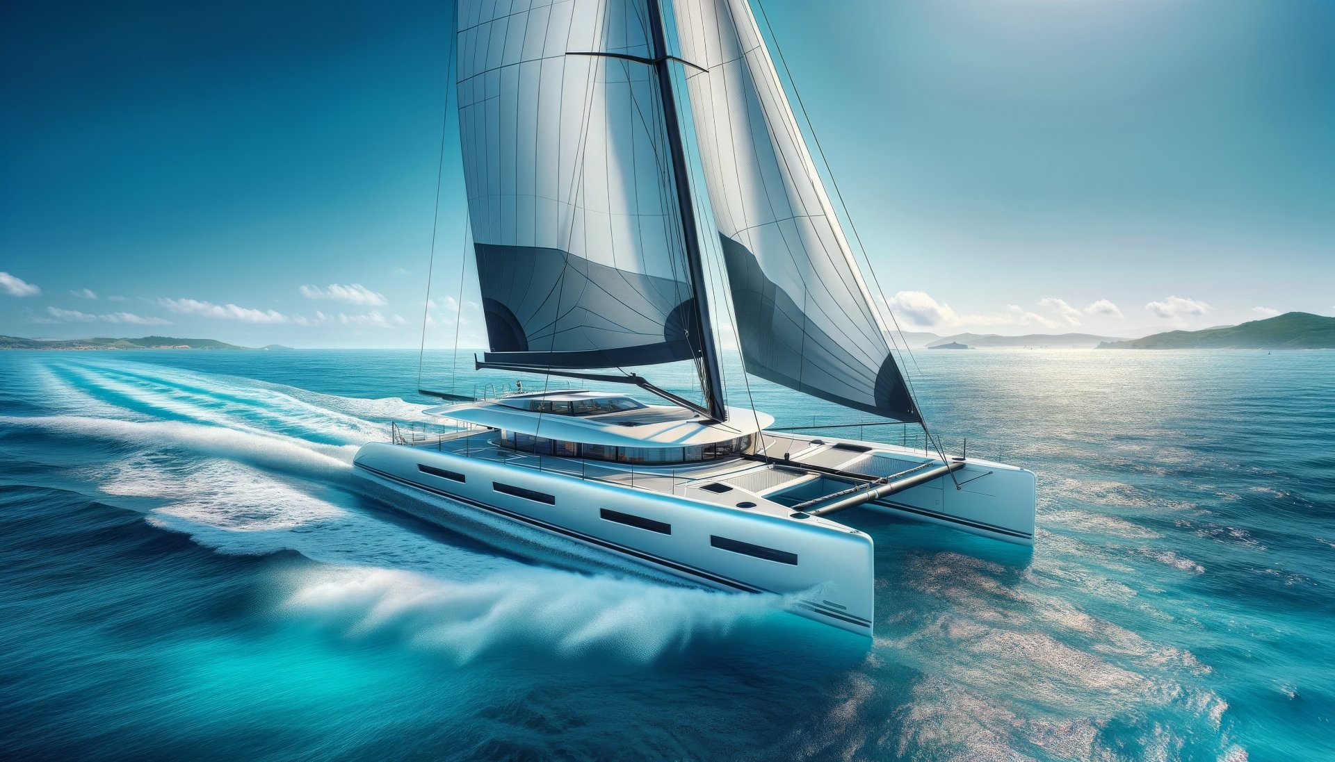 A stunning catamaran sails smoothly across vibrant blue waters, showcasing its sleek design and powerful sails, making it a captivating HD desktop wallpaper and background.