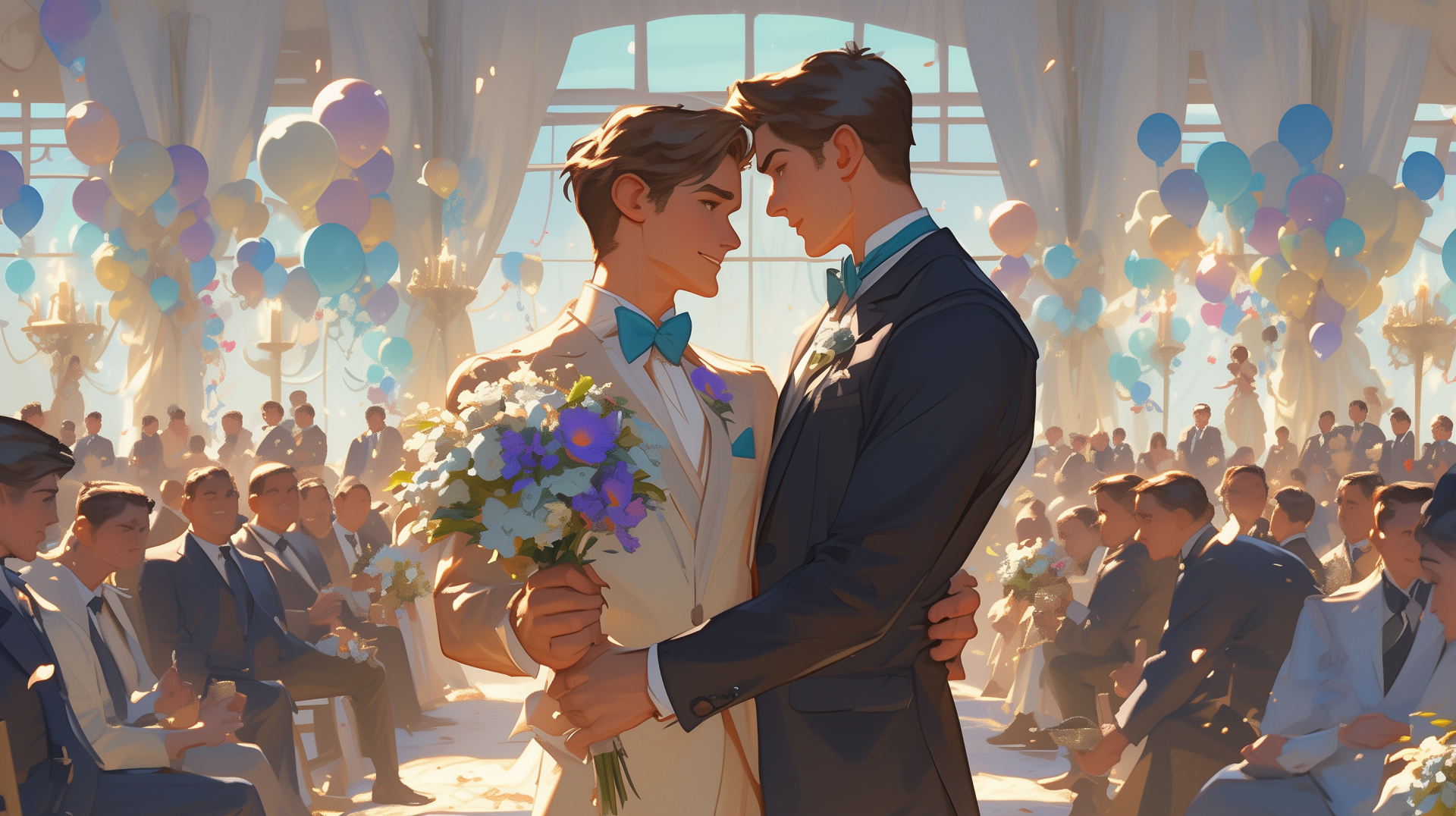 HD desktop wallpaper featuring two grooms exchanging vows at a sunlit wedding ceremony with guests and balloons in the background, capturing a moment of love and commitment.