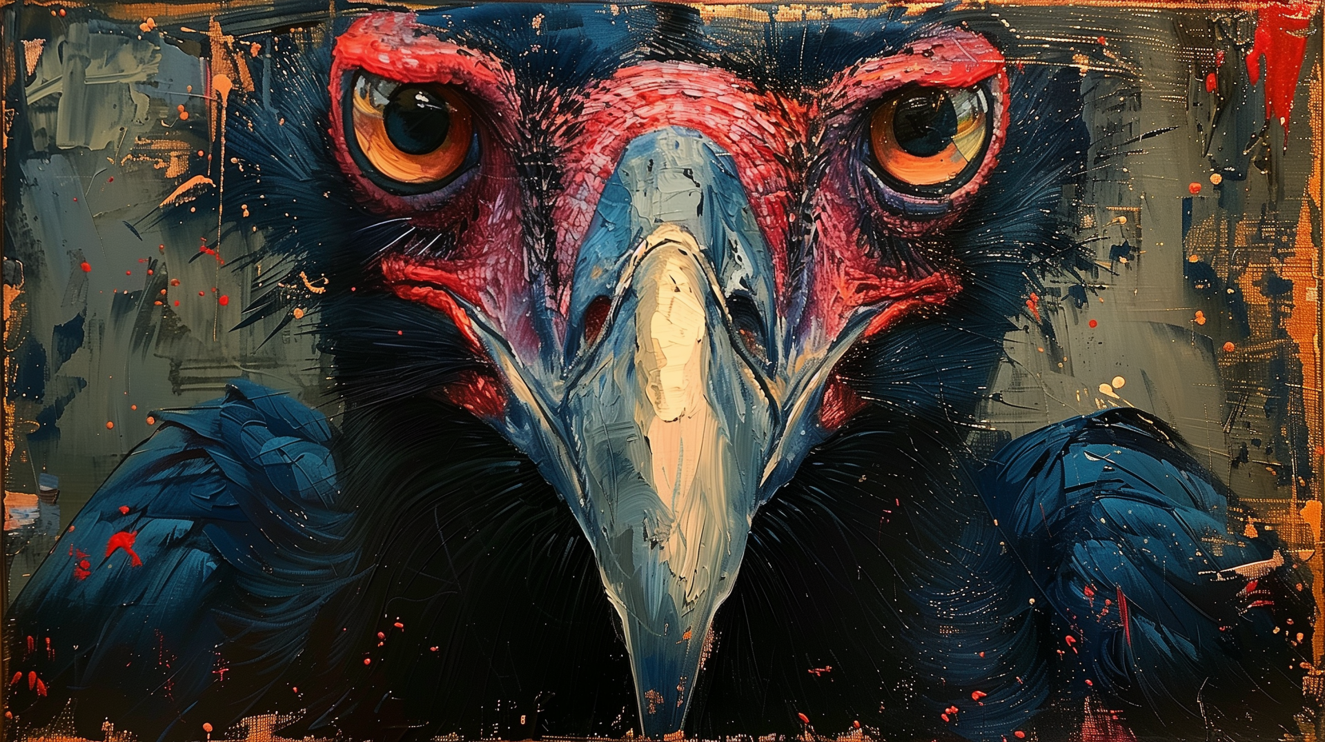 HD desktop wallpaper featuring an artistic close-up depiction of a vulture with intense eyes.