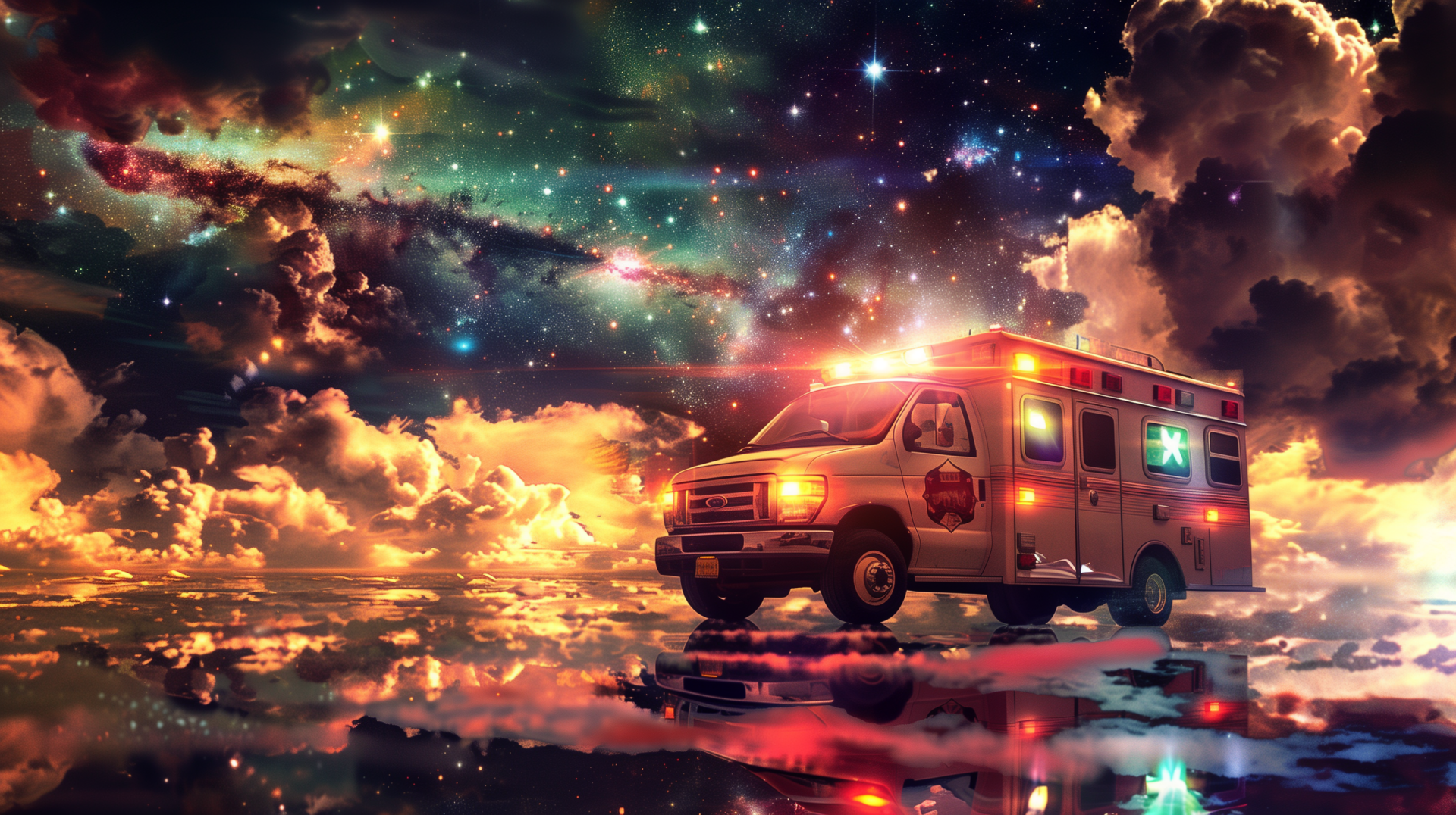 HD wallpaper of an ambulance with glowing lights against a cosmic sky and reflective water backdrop.