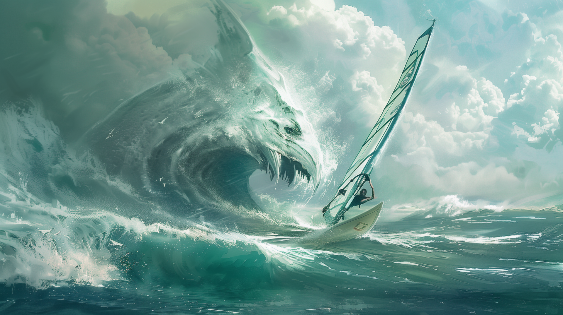 HD wallpaper of a windsurfer riding colossal waves, with a dynamic and surreal ocean backdrop.