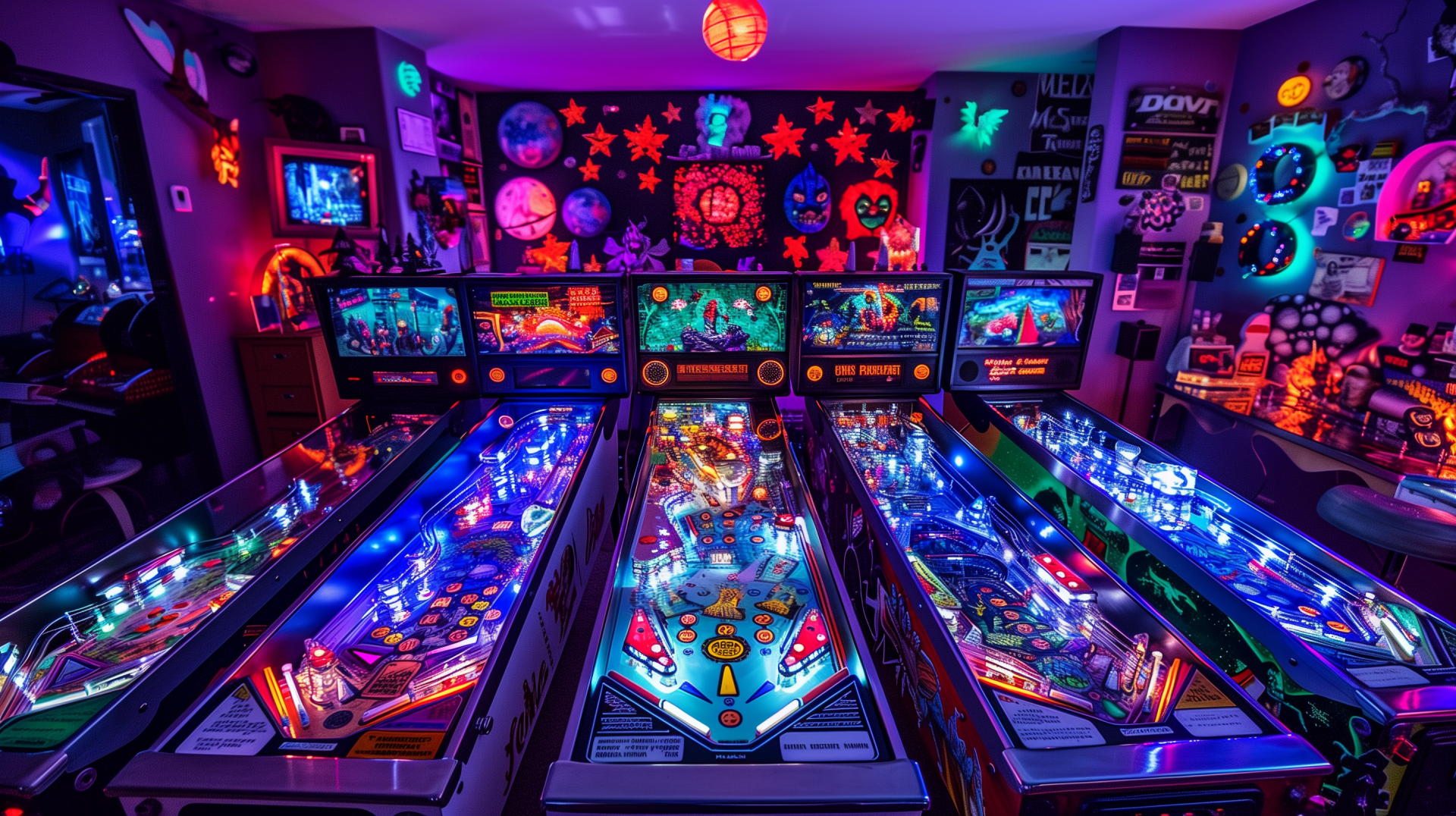 Vibrant HD desktop wallpaper featuring an array of colorful pinball machines in a game room setting.