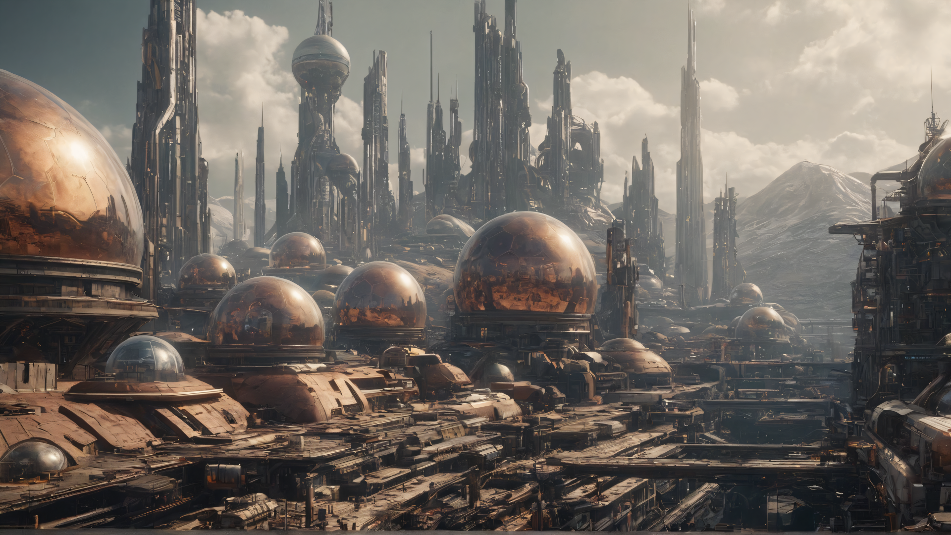 A detailed sci-fi cityscape with towering spires and spherical structures, rendered in 4K Ultra HD, showcasing a futuristic urban environment for PC desktop backgrounds.