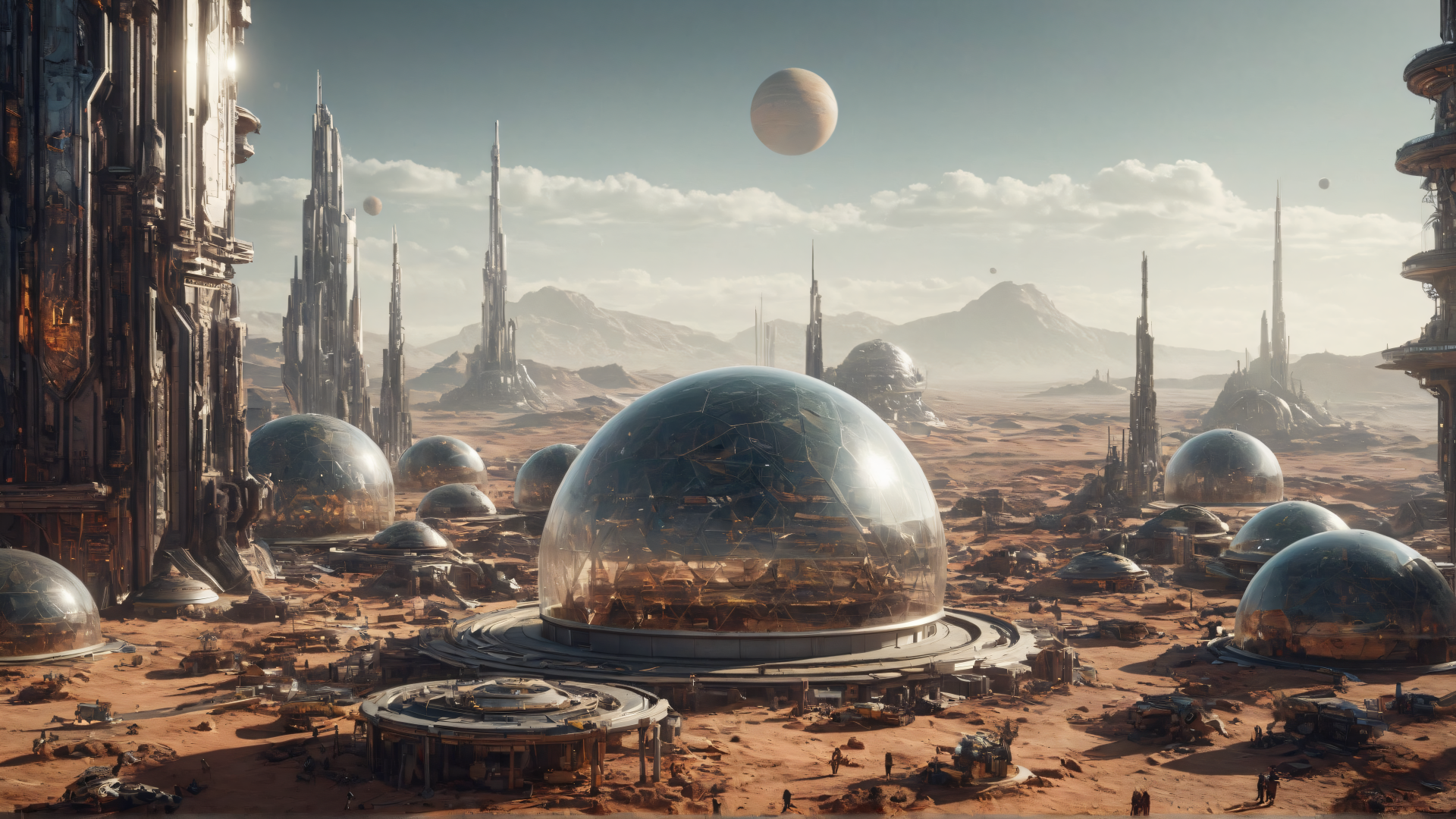 4K Ultra HD sci-fi cityscape featuring futuristic domes and towering spires on a barren landscape under a cloudy sky with a large planet in the distance.