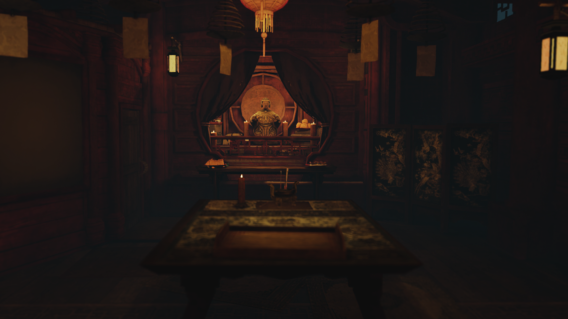 HD desktop wallpaper of The Pirate Queen: A Forgotten Legend video game featuring a dimly lit room with an ornate table and mysterious ambiance.