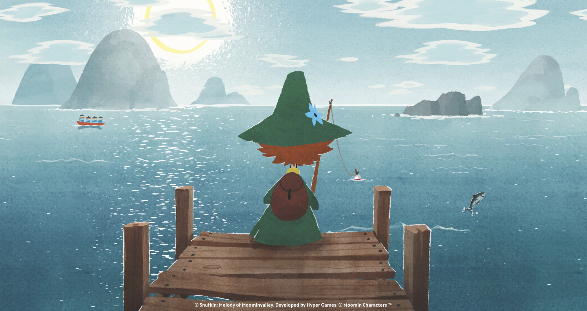 HD desktop wallpaper featuring Snufkin from Snufkin: Melody of Moominvalley video game, poised on a serene dock with a scenic ocean view, for fans and gamers alike.