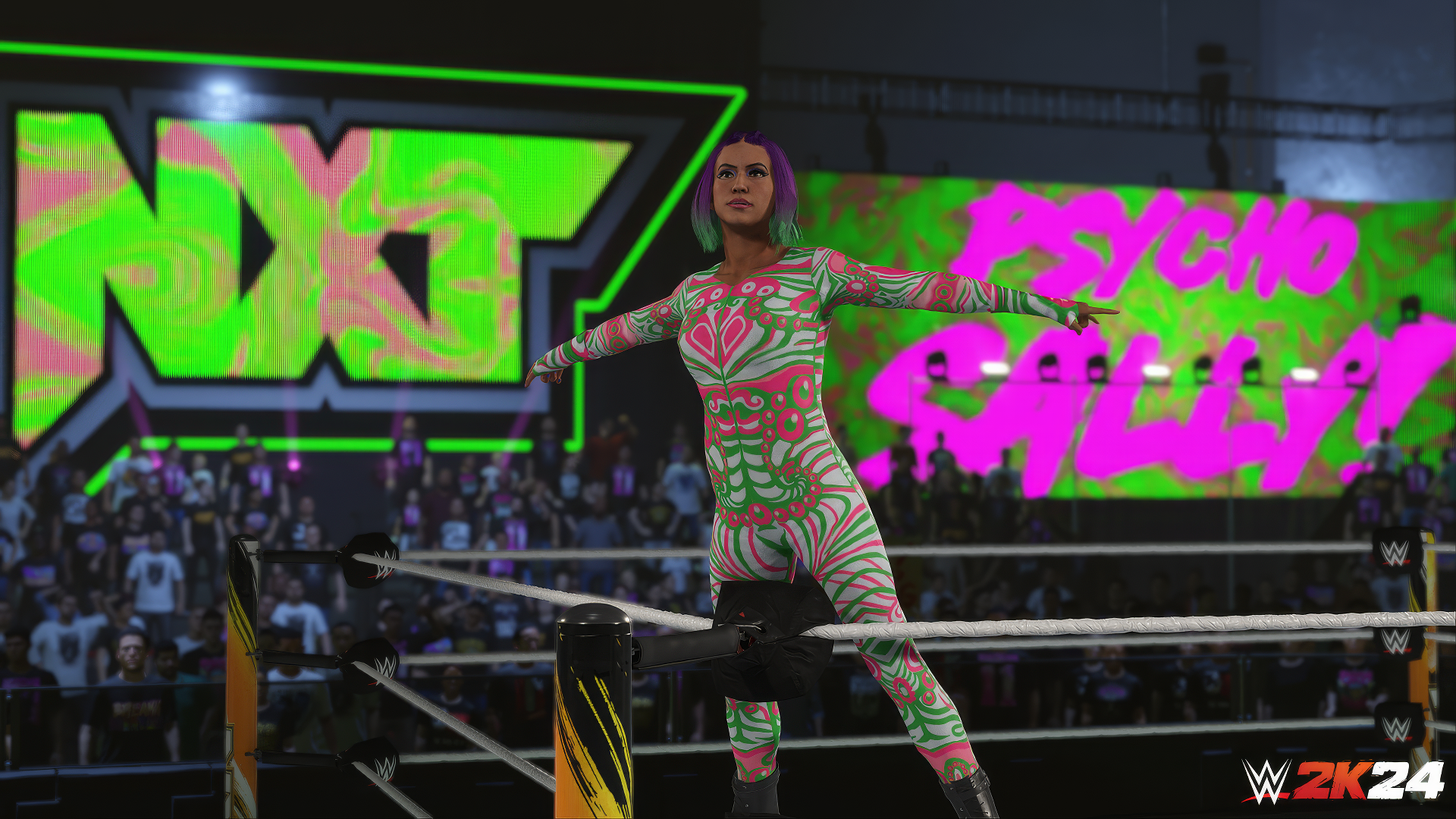 WWE 2K24 video game HD wallpaper featuring a wrestler posing in the ring with vibrant graphics.
