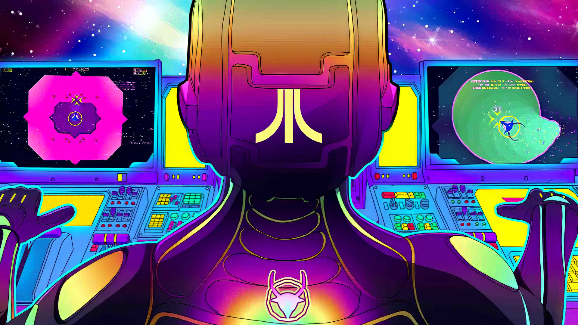 HD wallpaper featuring central figure in front of control panels from the video game Akka Arrh with vibrant cosmic background.